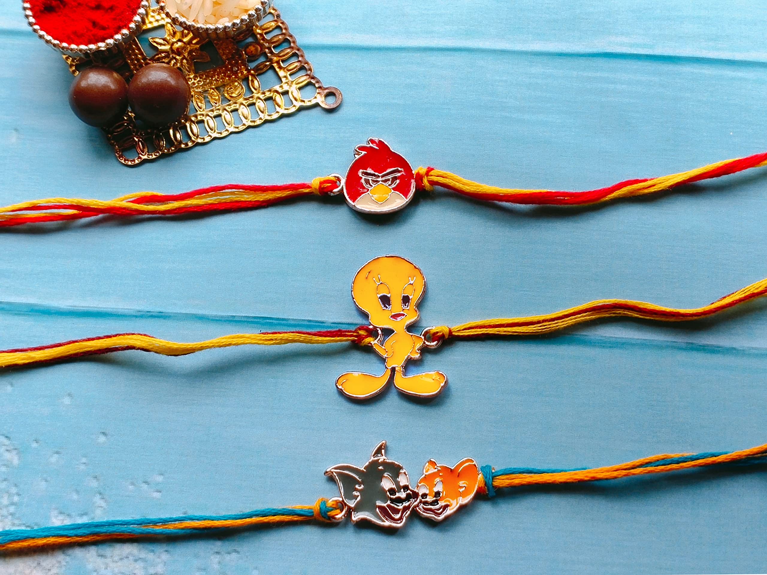 Set of 3 Cartoon Rakhi with Meena Work