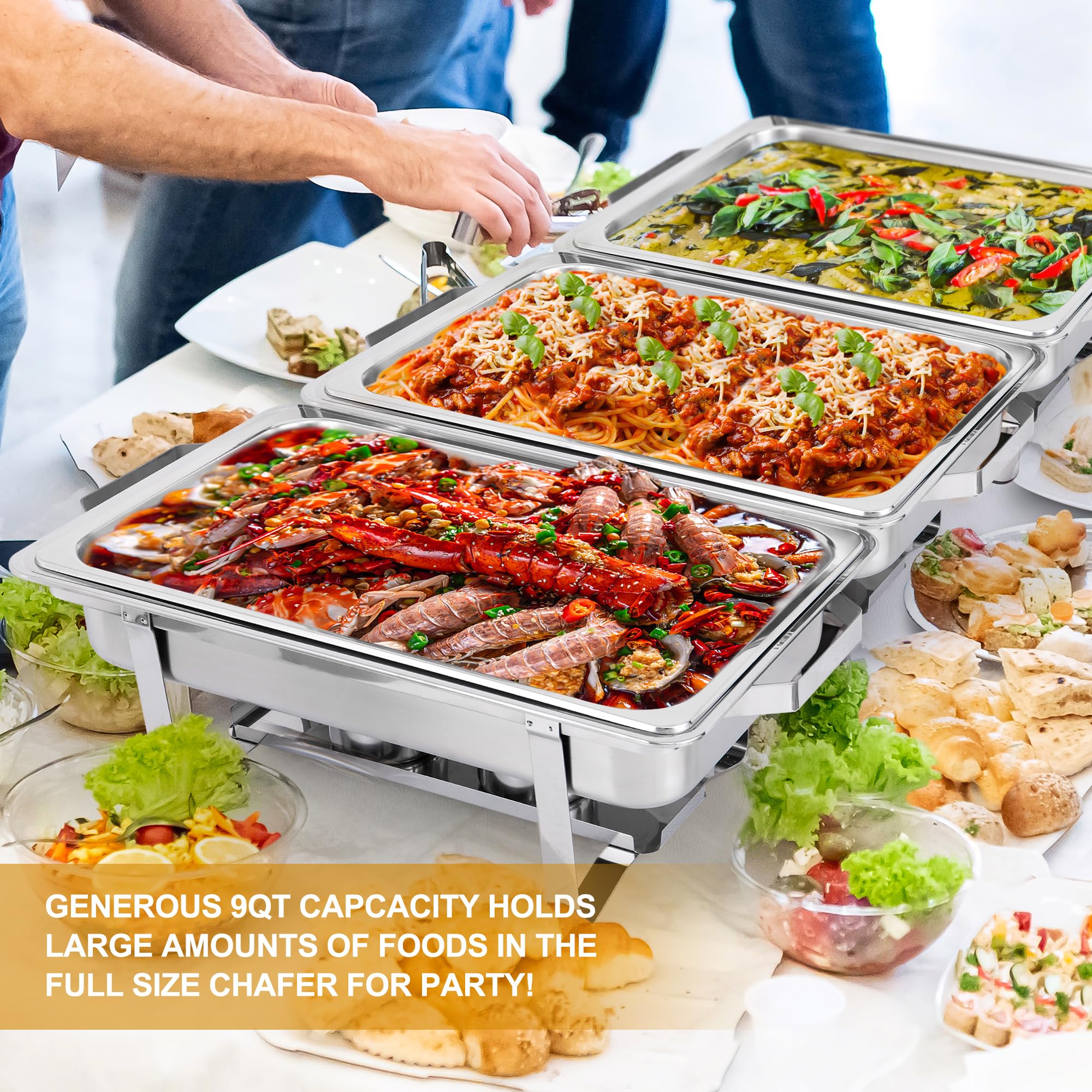Juego completo de platos para buffet de acero inoxidable de 9 cuartos de galón, calentador de catering con bandeja de agua, soporte de combustible para fiestas, cenas, catering, bufé y bodas, 8