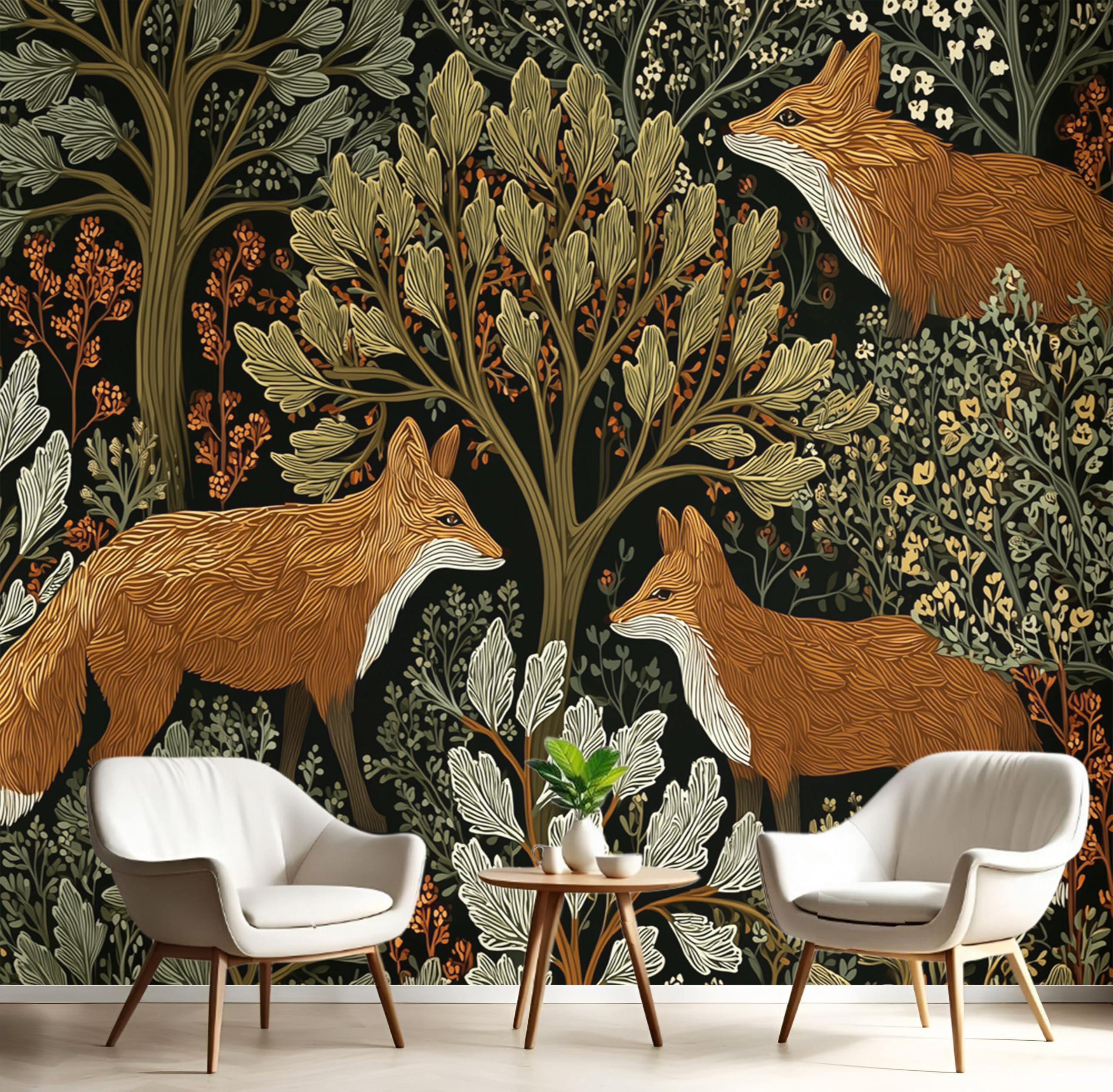 Papier peint renard 3D déco murale rouge et vert pour restaurant et salon 150x105cm