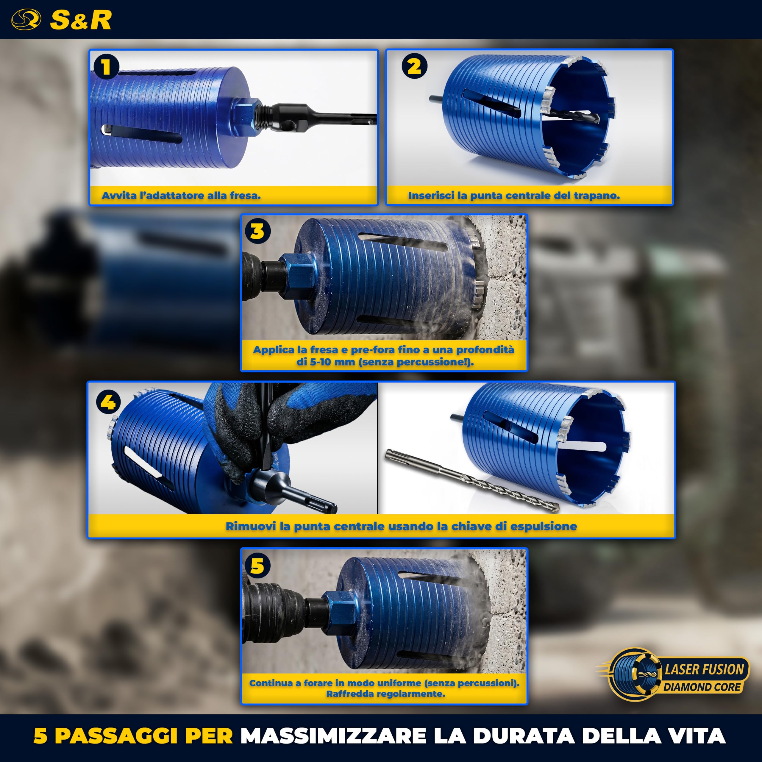 S&R Sega a Tazza Diamantata 122 x 200mm. Fresa Cemento 63 SDS-Plus | Punta Diamante cemento 122 x 200mm M22 - Corona Carotatrice Cemento - Sega a Tazza Diamantata Professionale