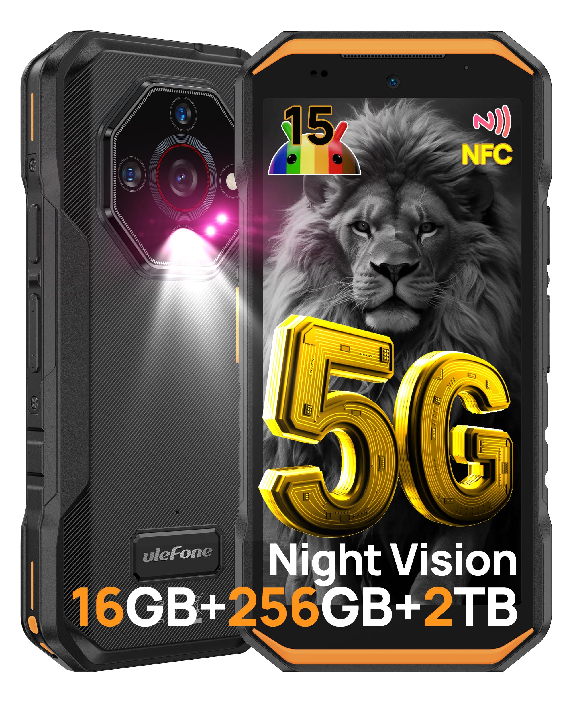Ulefone Armor X32 Pro Téléphone Portable Incassable 5G, 16Go+256Go/SD-2TB Android 15 Smartphone 5500mAh 64MP+16MP+25MP Vision Nocturne, 5,65" 3-Slots/Flashlight/Face ID/Fingerprint/GPS/OTG/NFC Orange