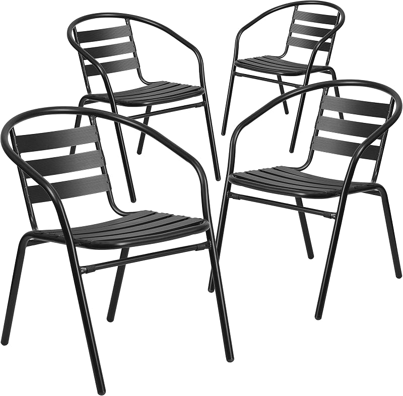 Sillas de restaurante al aire libre apilables con respaldo de listones de aluminio, sillas de patio apilables modernas para restaurantes, juego de 4, negro | Construcción duradera, uso comercial