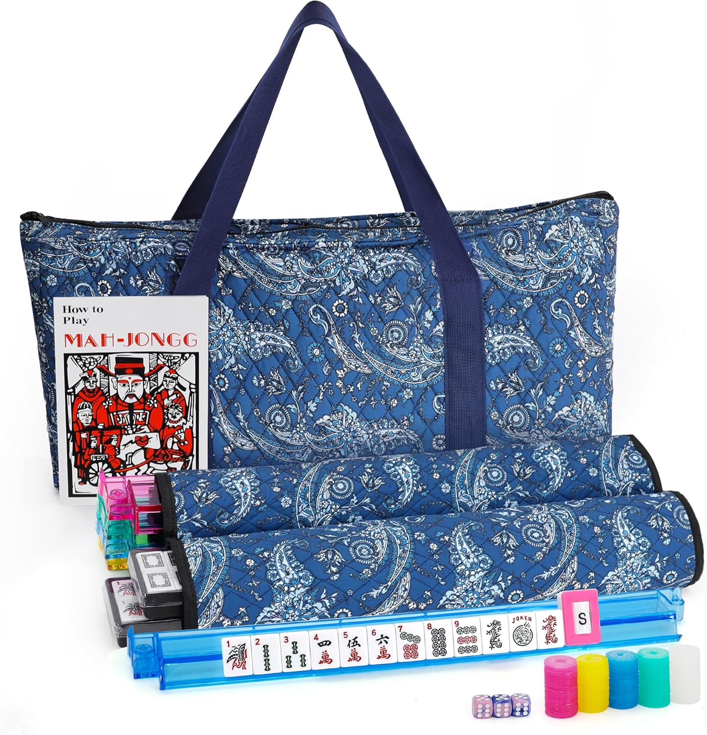 Jolitac American Mahjong Game Set, 166 Premium White Tiles, 4 All-in-One Color Rack/Pushers, Complete Mahjong Tiles Set with Blue Carrying Bag (Ma Jong, Mah-Jongg, Majiang)