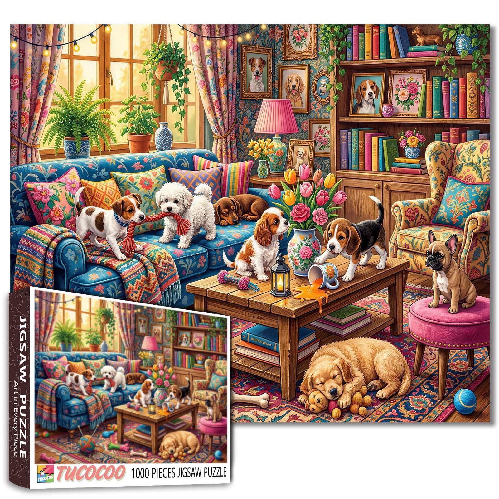 Cozy Dog Room Puzzle 1000 Piece Jigsaw for Adults Adorable Puppies Playing in Colorful Living Room Scene Puzzle 19.7 x 27.6 Inches Fun Challenging Puzzles Gift for Animal Lovers Home Wall Decor — image 1