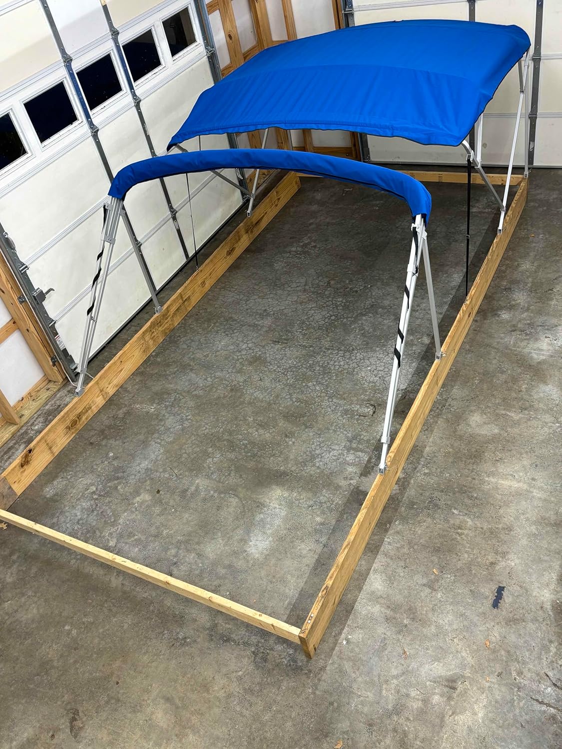 SunPro Series, Lab Certified 50+ UPF Monster Double Pontoon Boat Bimini Top in Blue, 18' Long, 8' Wide, fits 91-96" Wide, Complete Dual Kit with Frame, Canopies w/Storage Boots, Hardware