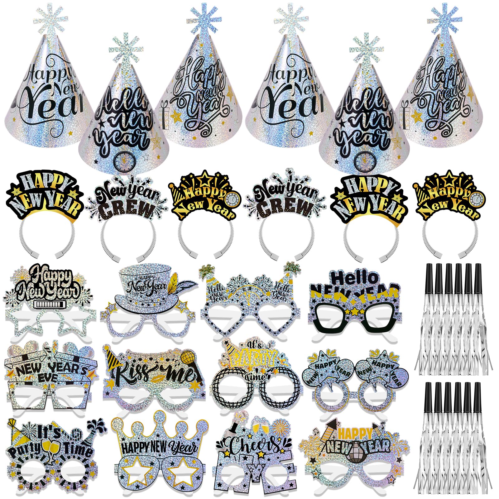 HOWAF Glitter New Years Eve Decorations 2027 Accessories, Happy New Year Headband, Party Hats, Glasses, Blowers for NYE Party Decorations 2027, Glitter Silver