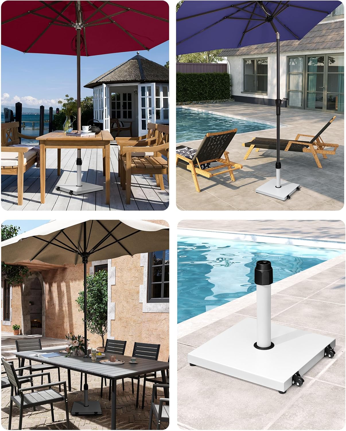 45lbs patio umbrella base - heavy duty outdoor patio market umbrella stand for deck with rollers, poolside, balcony, wind-resistant design, white
