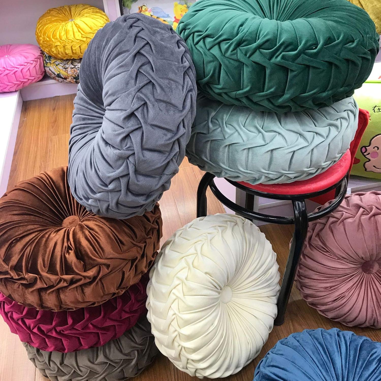 Round Throw Pillow Velvet Home Decoration Pleated Round Pillow Cushion for Couch Chair Bed Car Beige - Image 4