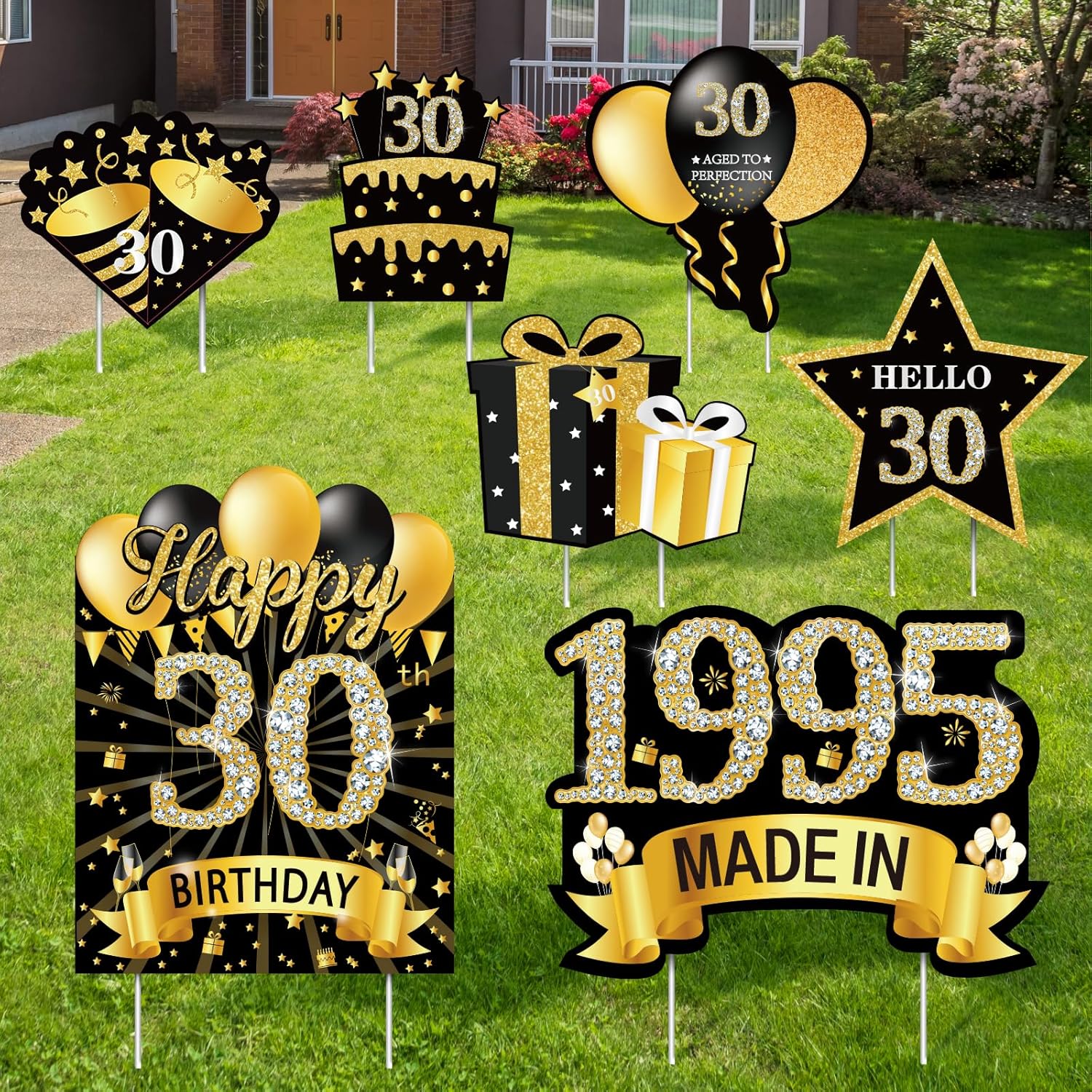 7Pcs Black Gold 30th Birthday Yard Sign Decorations for Men and Women, Happy 30th Birthday Made in 1995 Lawn Sign Party Supplies,Thirty Year Old Birthday Yard Decor with Stakes