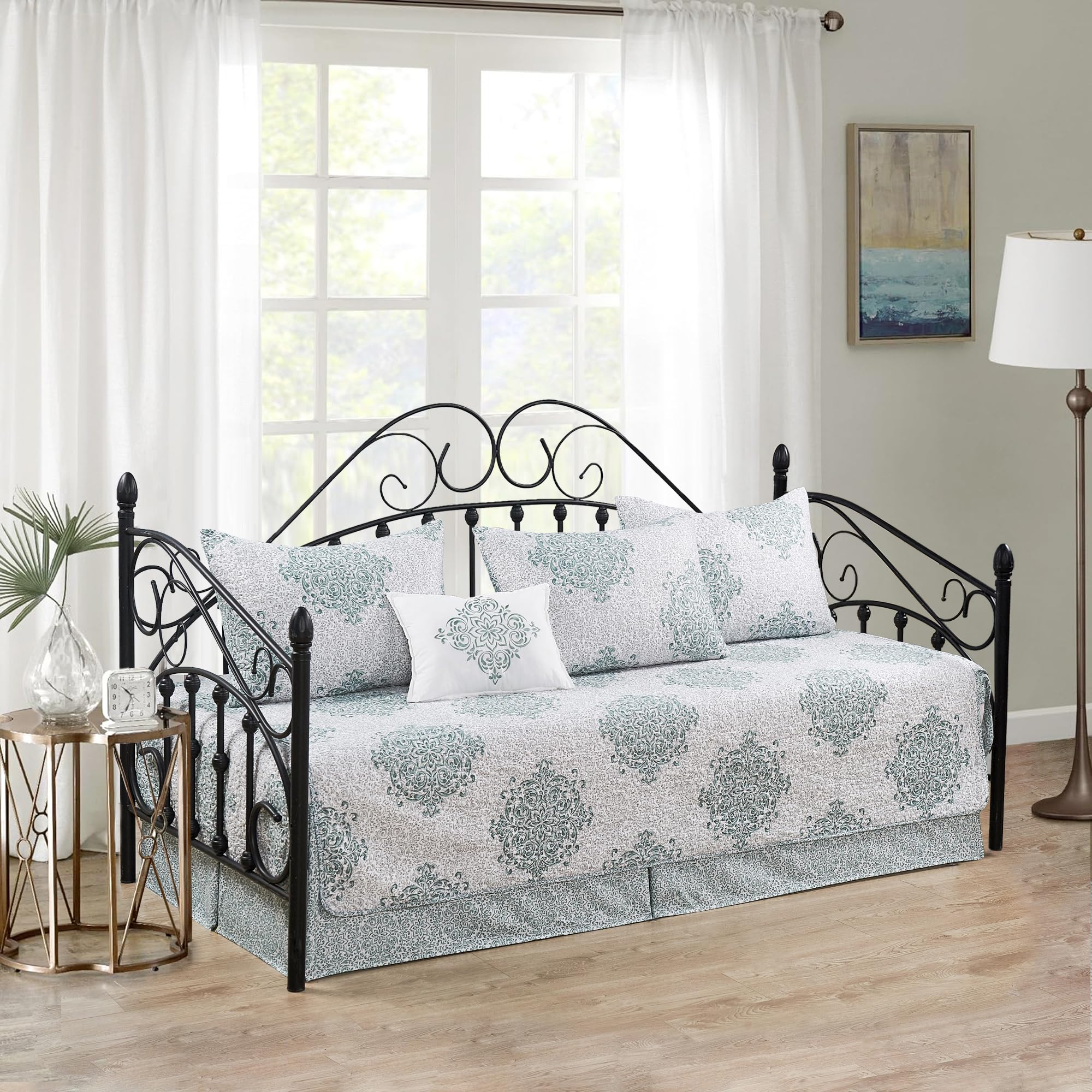 Home Soft Things Chelsea Teal 6 Piece Quilted Daybed Bedding Cover Set 75" x 39" with Bedskirt, Matching Pillow Shams, Decorative Pillow, Blue Gray