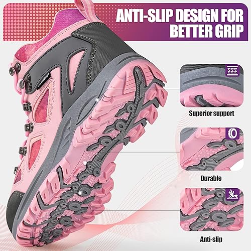 Miniatura 3 de Botas de senderismo para niños, botas de senderismo para niñas, botas de senderismo para niñas, cierre rápido con cordones, suela duradera de