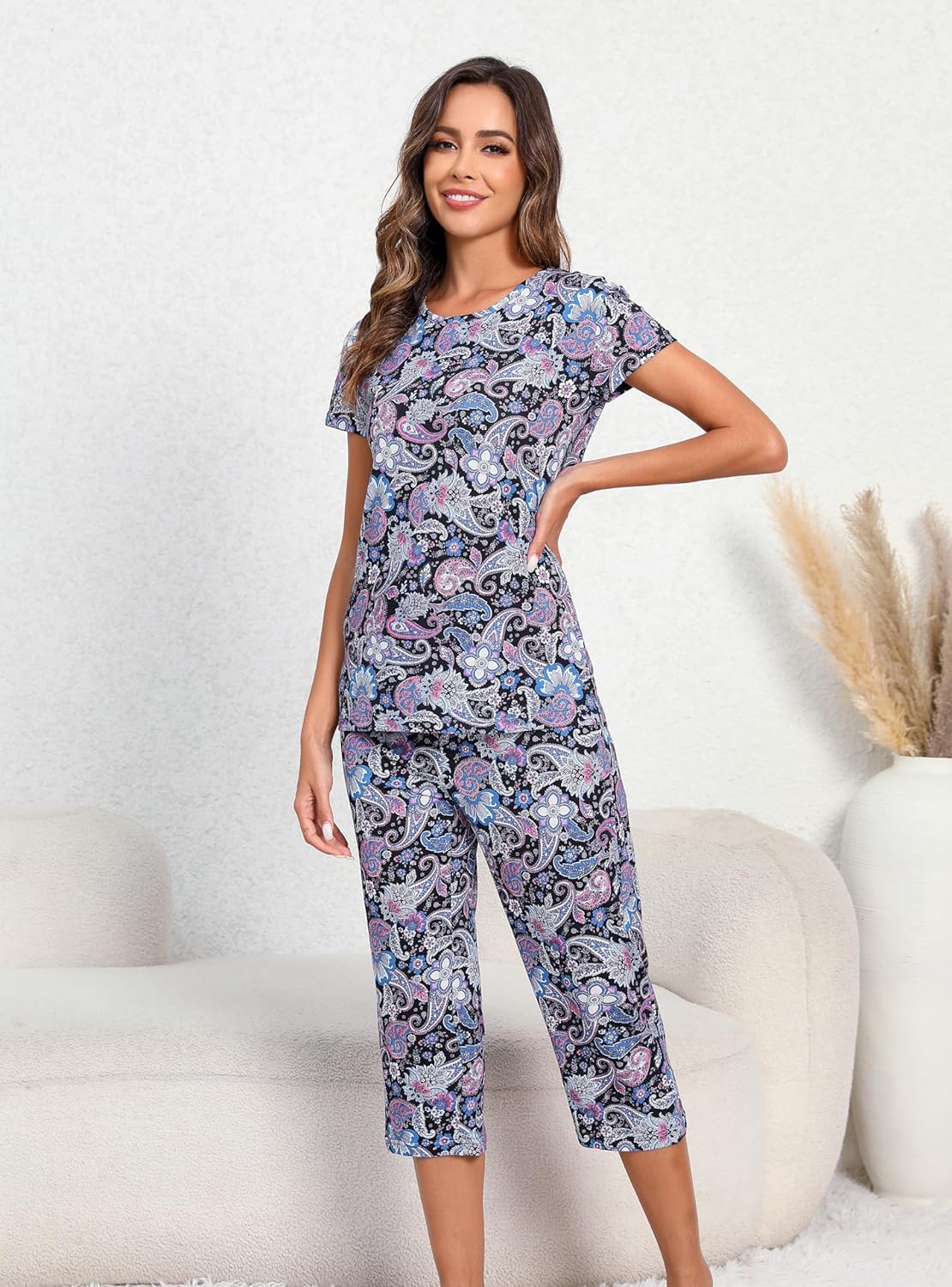 PNAEONG Women’s Pajama Set - Sleepwear Tops with Capri Pants Casual and Fun Prints Pajama Sets SY215-Purple-XL - Image 3