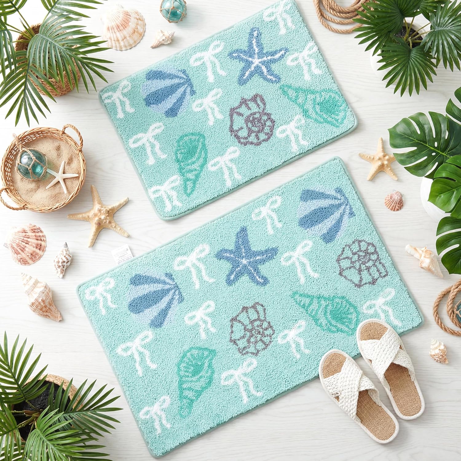 Dunzy Coastal Seashell Bow Bathroom Rugs Set of 2 Blue Beach Nautical Bath Mat Soft and Absorbent Non-Slip Backing Washable Bathroom Bedroom Entryway Summer Decor, 17'' x 24'' and 24'' x 32''