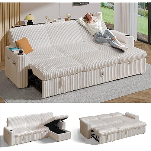 Sunny Heart 101" Plush Corduroy L Shaped Sectional Sleeper Sofa Bed with Pull Out Bed, Reclining Backrest, Reversible Storage Chaise, USB Ports, Cup Holders, Tool Free Assembly, Beige