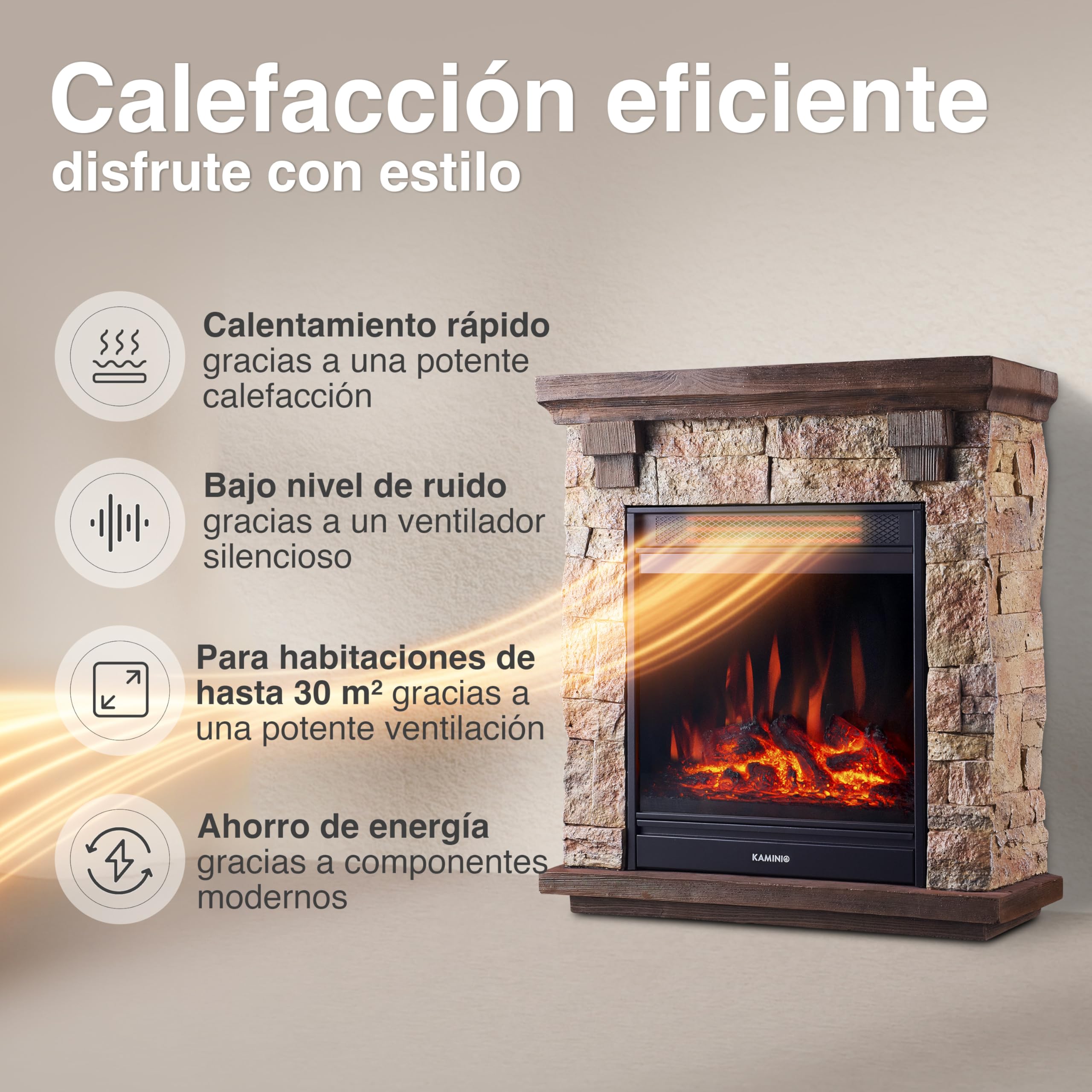 KAMINIO Chimenea eléctrica Juan - Chimenea eléctrica de pie con Aspecto de Piedra, función de calefacción, Efecto de Llama 3D y Mando a Distancia (Beige)