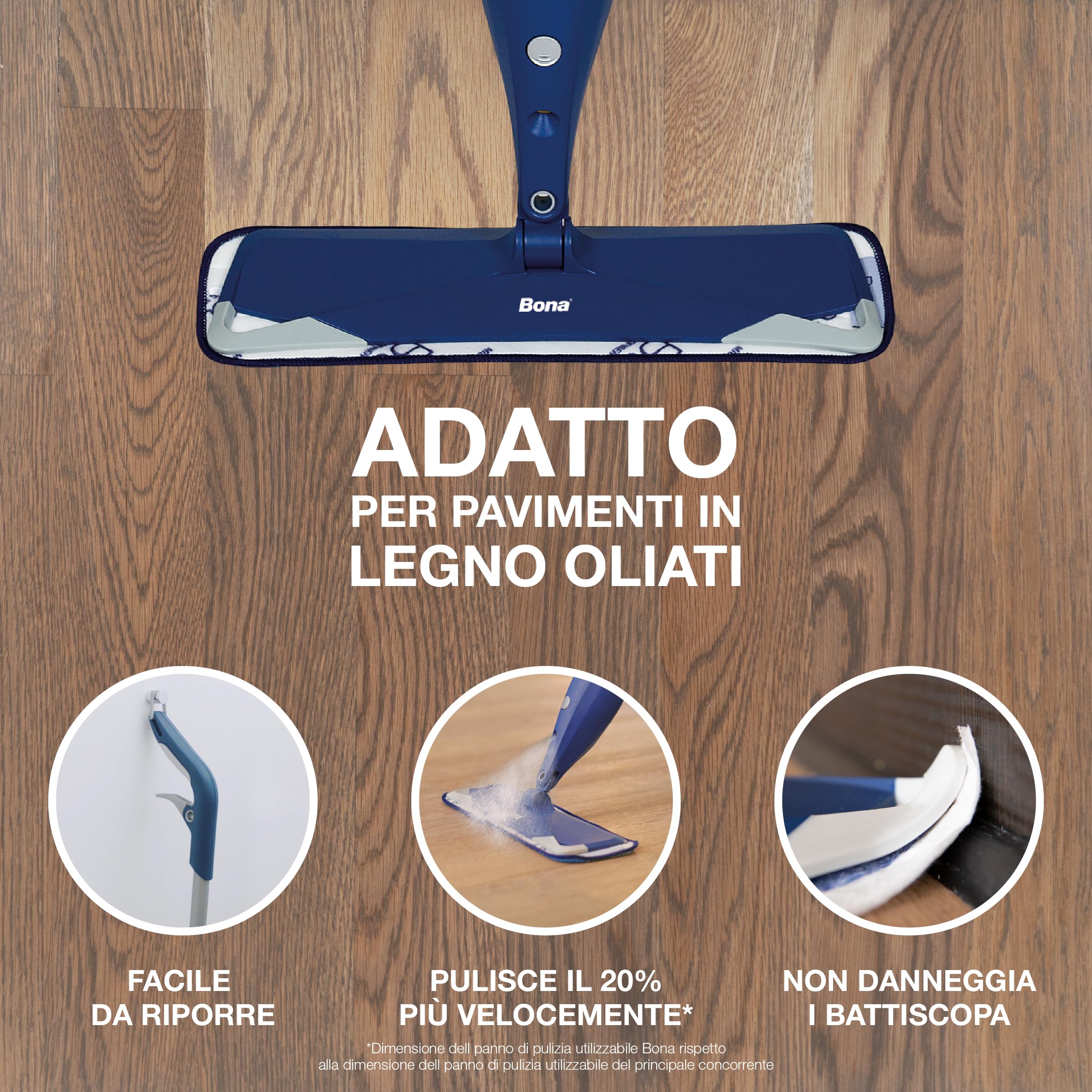 Bona spray mop premio pavimenti legno oliati, mocio spray, panno | pulisce e nutre il legno, cuscinetto pulizia microfibra extra, spruzzare