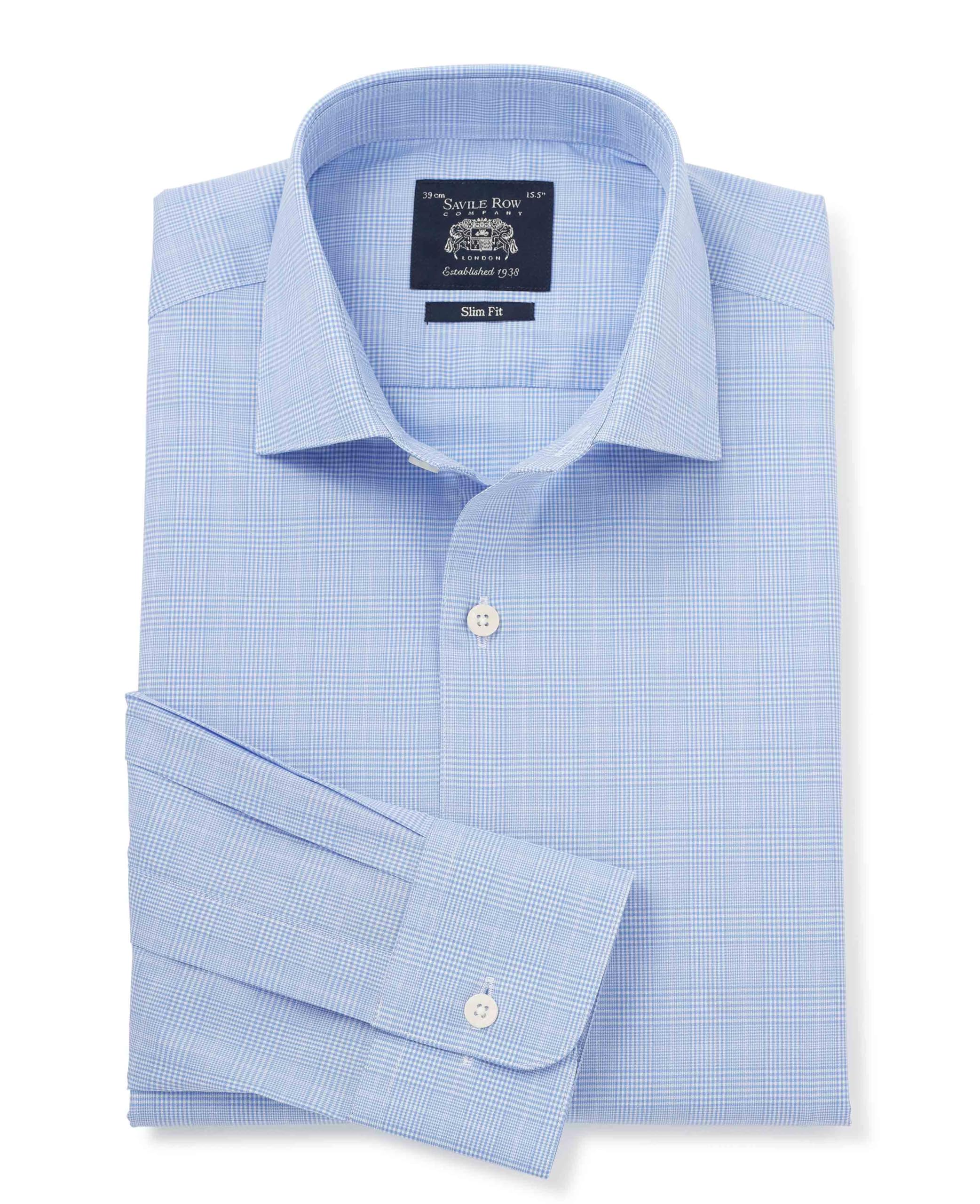 The Savile Row Company London Men's Blue Prince Of Wales Check Slim Fit Cotton Poplin Long Sleeve Formal Shirt - Single Cuff - 17.5" Collar - Standard