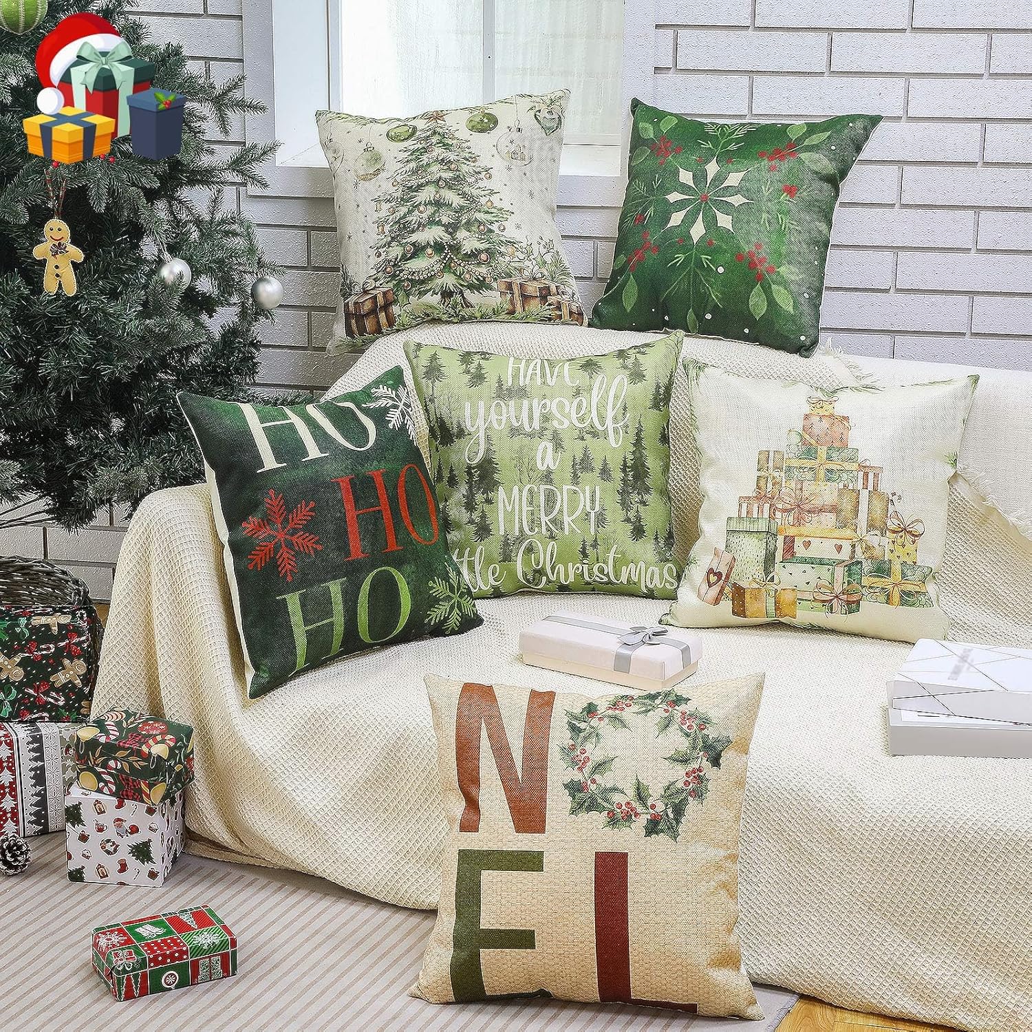 Mixweer Christmas Pillow Covers 18x18 Inch Set of 6 Neutral Theme Xmas Tree Decorative Boho Pillow Covers Minimalist Watercolor Xmas Winter Family Decoration - Image 4