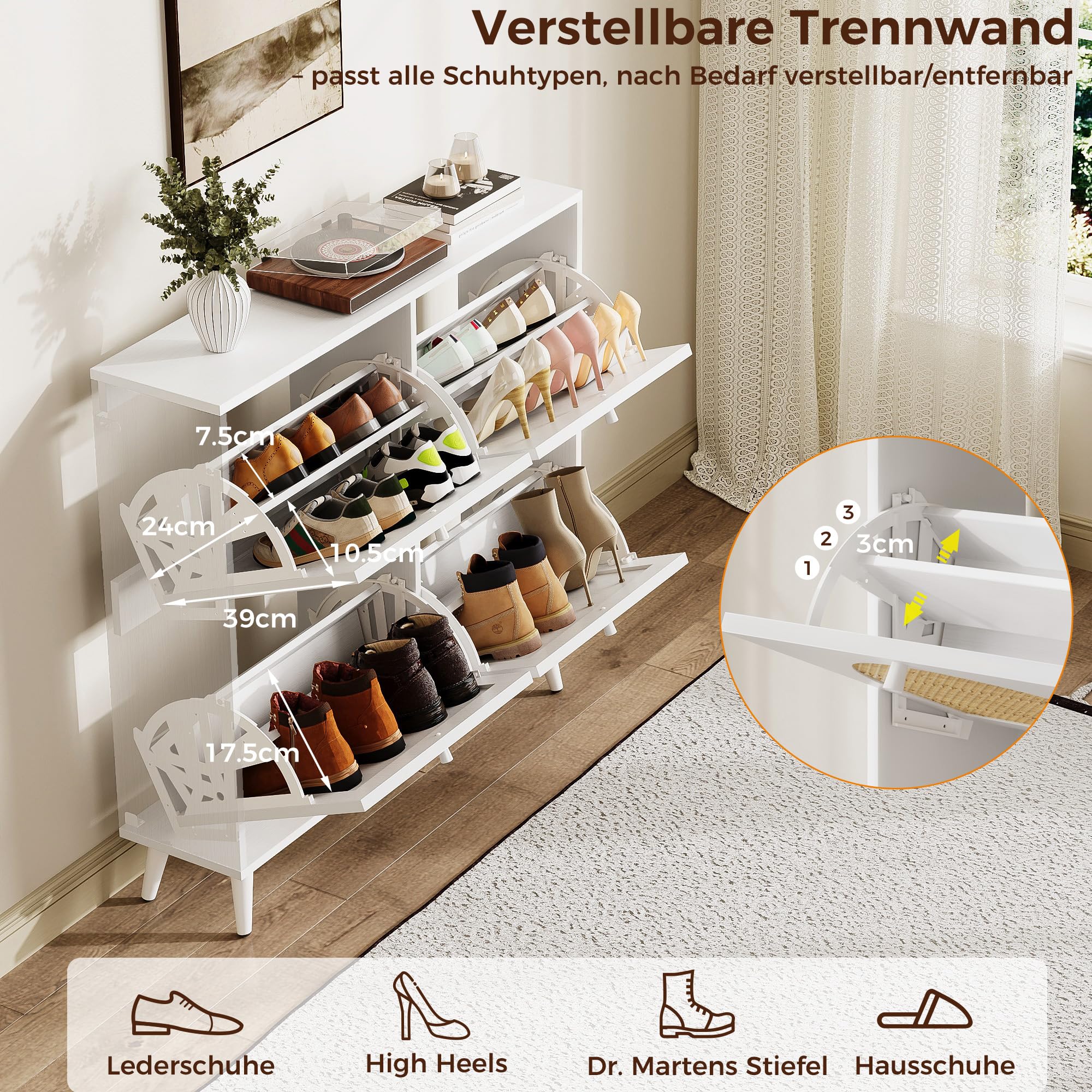 IRONCK Schuhschrank Rattan, schmal Schuhkipper mit 4 Klappen, Weiß | freistehende Schuhregal, Schuhkommode mit verstellbaren Trennwände Schuhablage Schrank für Flur Eingang, 100x24x95cm