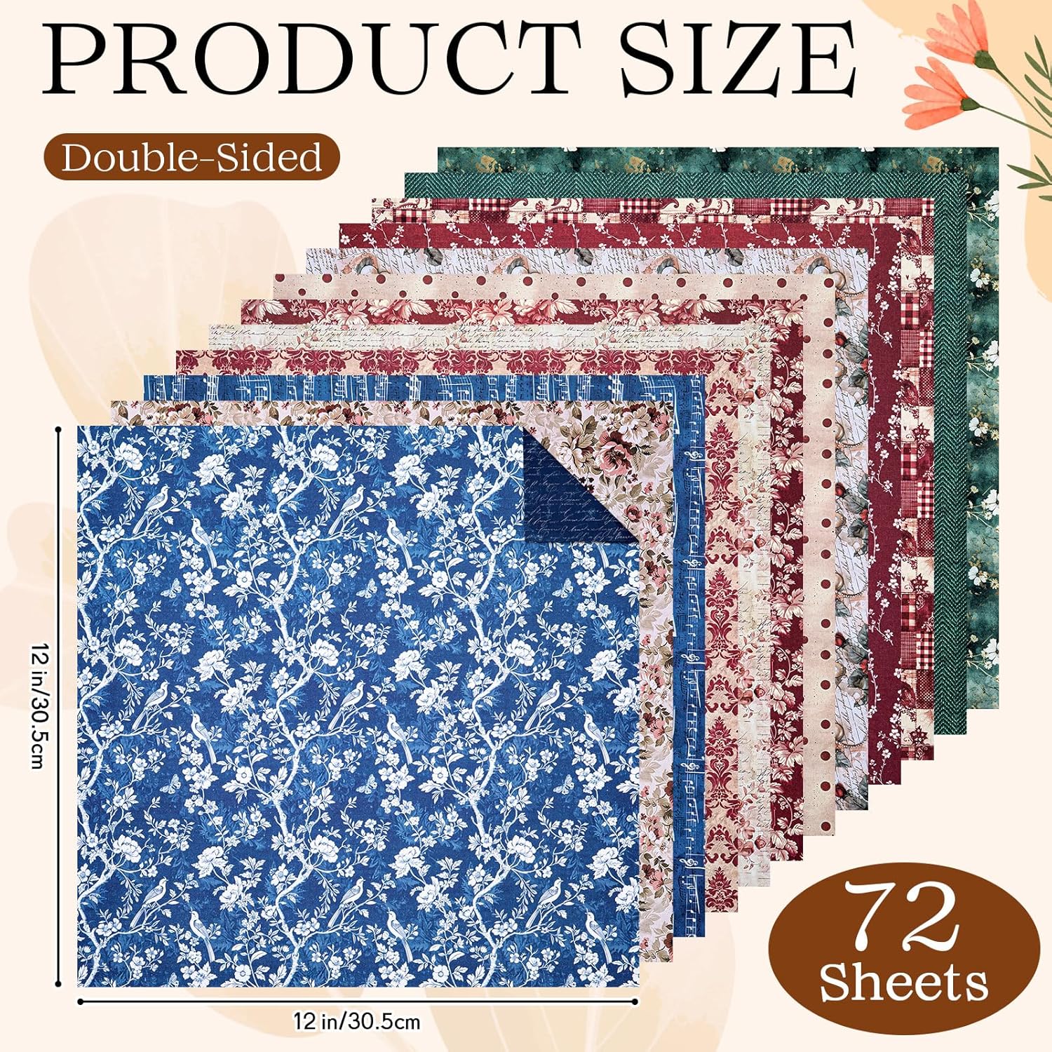 72 Sheets 12x12 Scrapbook Paper Multicolor Boho Floral Double-sided Craft Paper Spring Decorative Cardstock Journal Supply for DIY Photo Album Origami Decor (Red, Blue, Green,Vintage Flower)