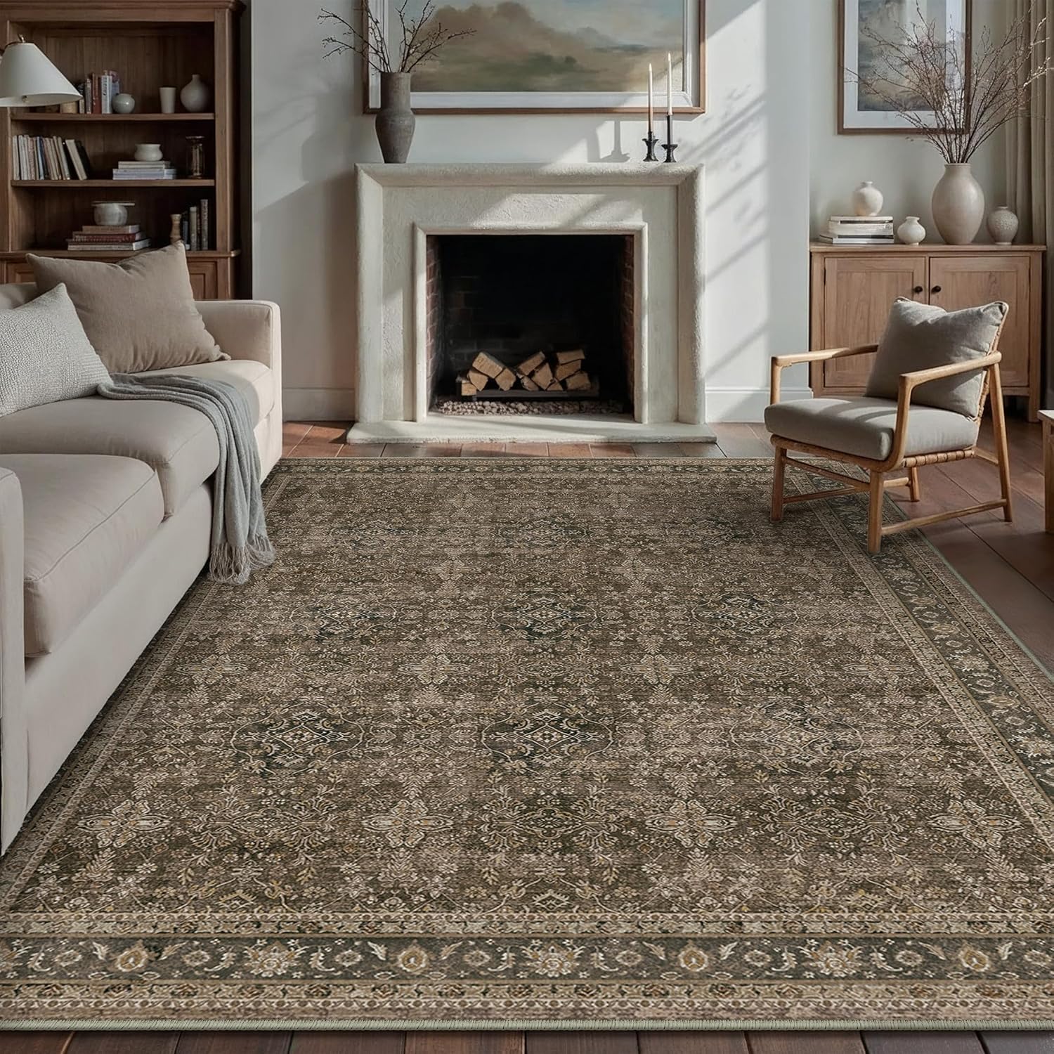 8x10 Area Rug for Living Room Brown Vintage Washable Bedroom Carpet Traditional Distressed Soft Non Slip Indoor Large Accent Rug Retro Thin Low Pile Floor Cover for Dining Room Playroom 8' x 10' (Rectangular) Vintage Brown