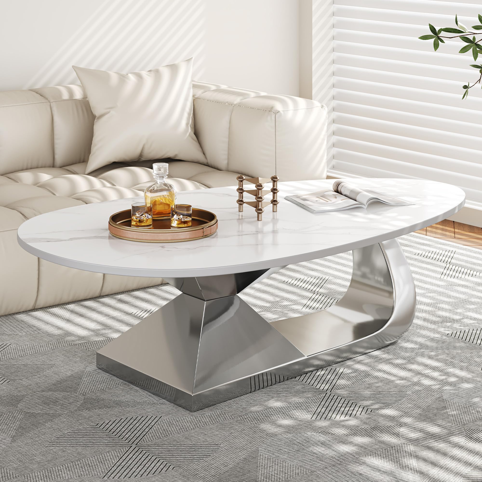 51.2" Unique Coffee Table, Modern Faux Marble Coffee Tables with Sintered Stone Tabletop, Large Center Table with Stainless Steel Base for Living Room