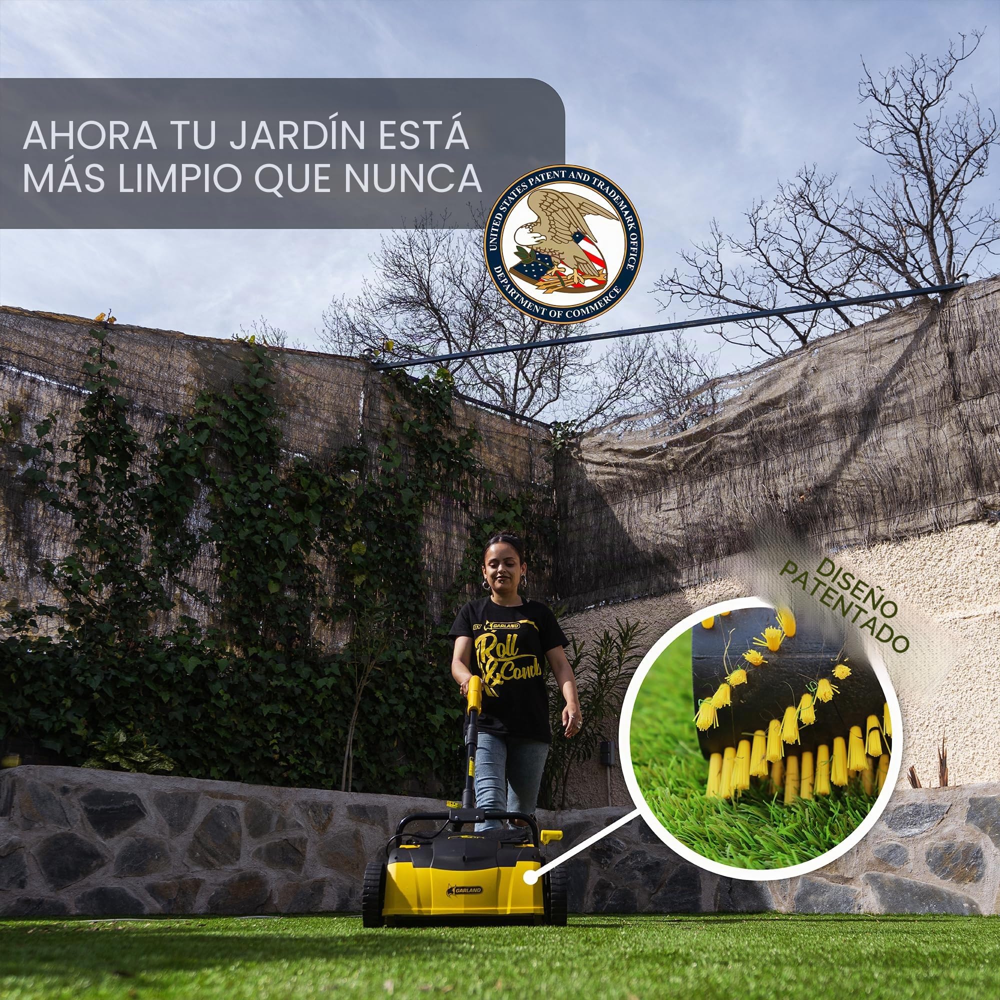 Barredora de césped artificial por Roll & Comb, rastrillo eléctrico con cable para césped artificial, regalo de jardinería genial, colector de hojas de 25 litros, modelo 302e, 8.98kg.
