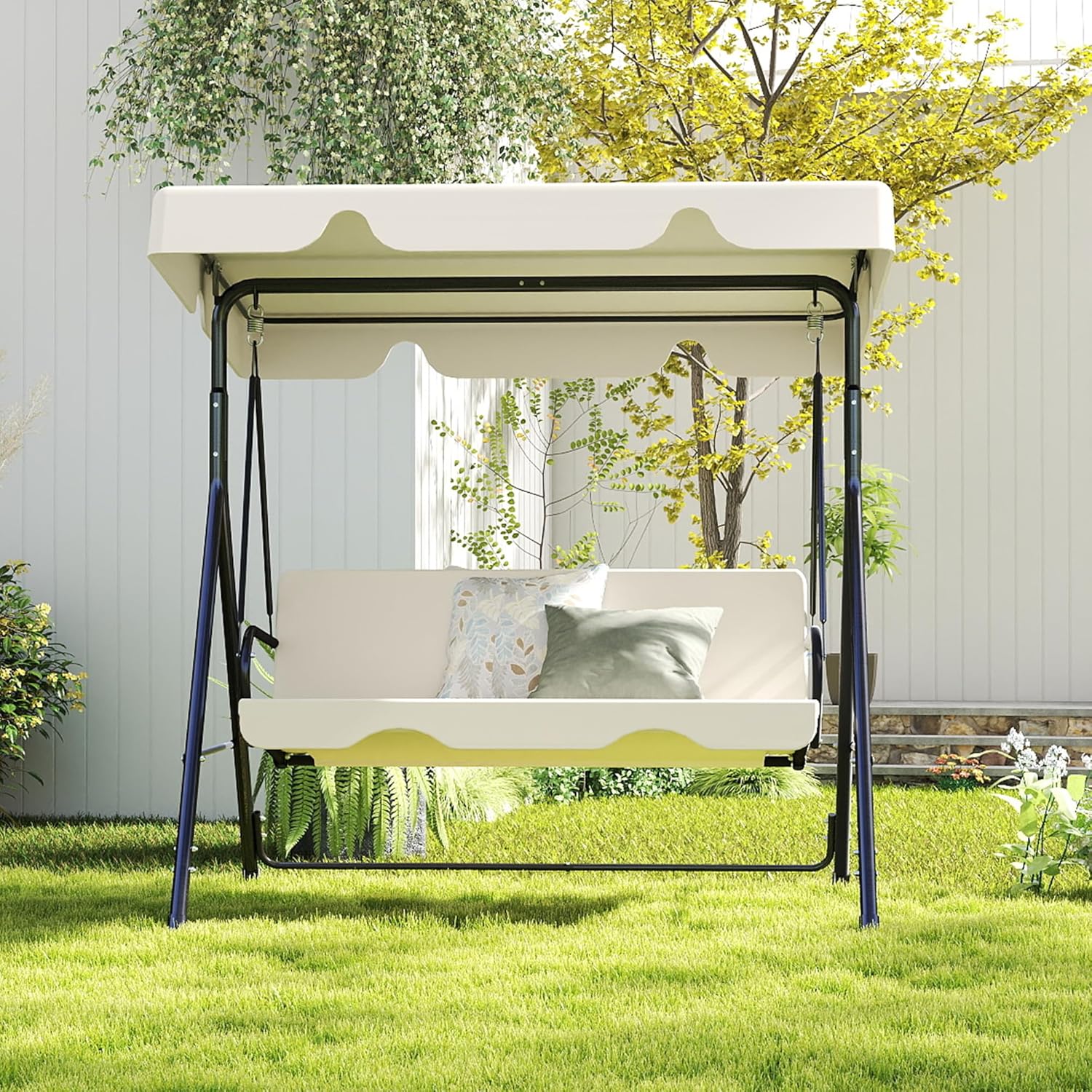 Durable Outdoor Glider Swing with Canopy，Patio Garden Bench and Stand for Backyard, Porch, or Lawn, Heavy Duty Adult Seat, Beige