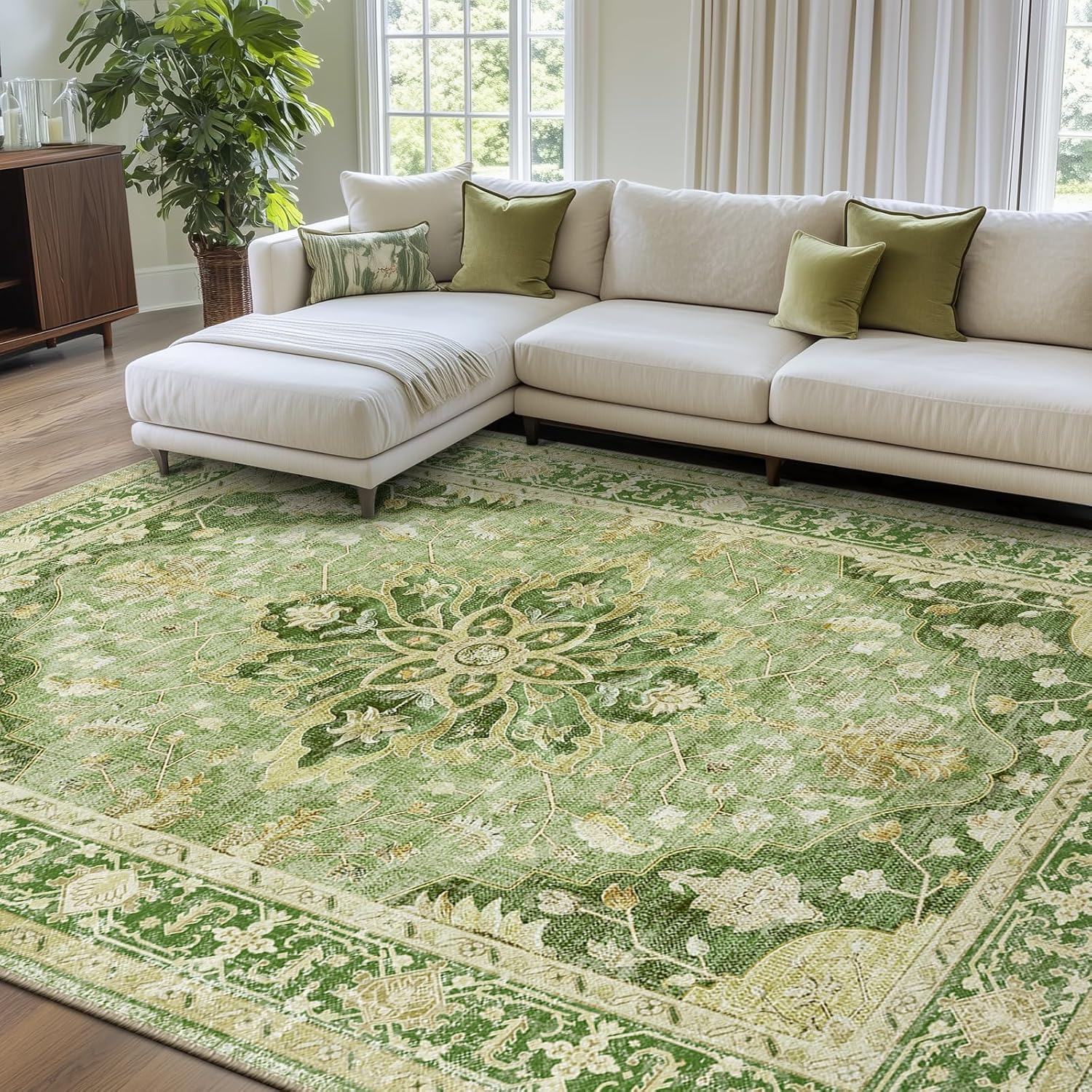 Area Rugs 8'x10' Washable Non-Slip, Floral Vintage Distress Print Pattern Medallion Carpet for Living Room Bedroom Dining Room, Sage Green Yellow Green/Yellow 8' x 10' (Rectangular)