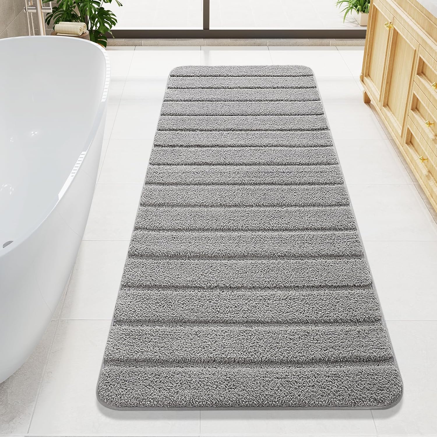 LOCHAS Long Bathroom Rugs Runner, 24" x 70" Large Bath Rug Non Slip Washable, Absorbent Microfiber Bath Mat Luxury Soft, Cozy Bathroom Runner Rug for Shower Quick Dry, Grey Grey 24" x 70"