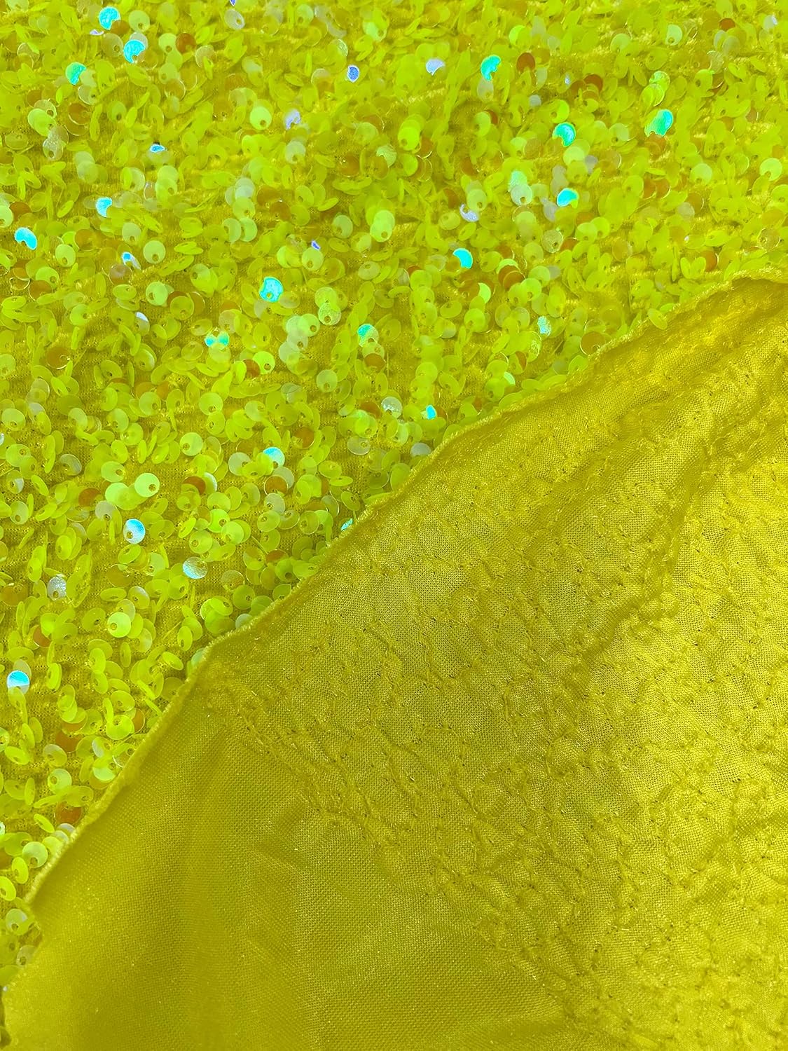 Stephanie Yellow Sequins on Yellow Stretch Velvet Fabric by The Yard for Gowns, Dresses, Tops, Skirts, Costumes, Crafts - 10185