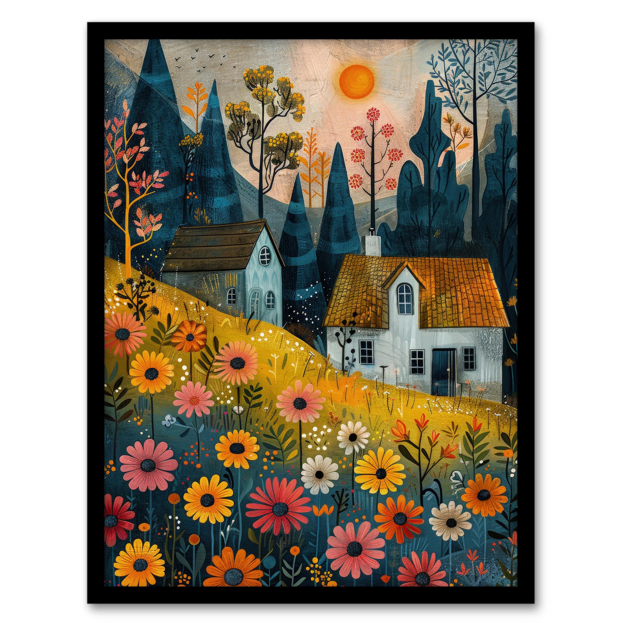 Artery8 Countryside Spring Hill House Daisy Flowers For Living Room Artwork Framed Wall Art Print A4