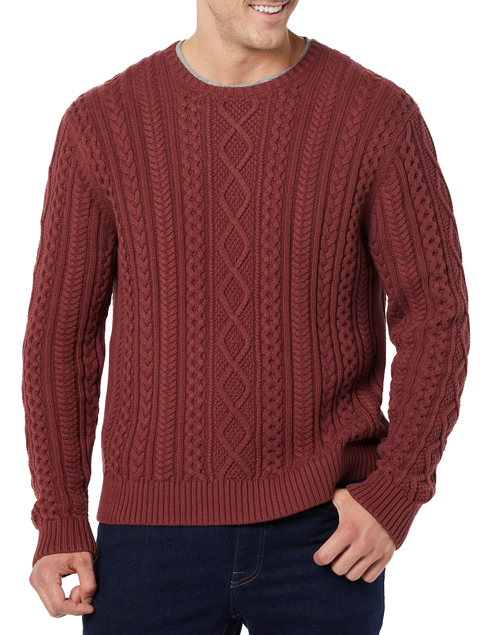 Amazon Essentials Maglione da Pescatore Girocollo a Coste a Manica Lunga in Cotone 100% Uomo