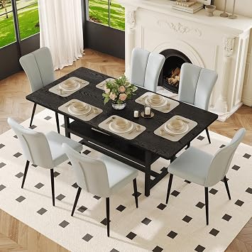 Dinner Table Set for 6, 71 Wood Color Block Dining Room Sets for 6, Farmhouse Dining Table Set with Storage Shelf, 6 Brown Fabric Suede Chairs, Ideal for Kitchen, Dinning Room, Conference Area