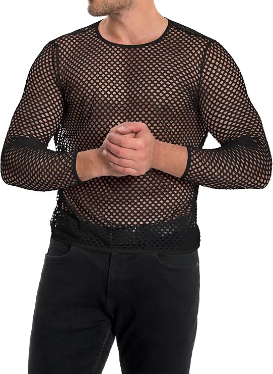 Men's Mesh Fishnet Top Long Sleeve Sheer See Through T Shirt Fitted Muscle Blouse Clubwear