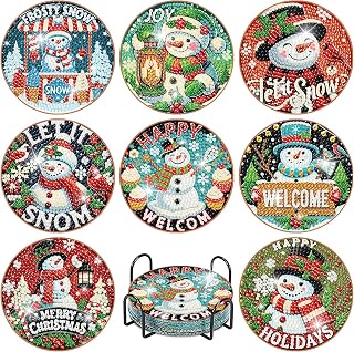 8 Pcs Christmas Diamond Art Coasters Kits with Holder, Snowman Diamond Painting Coasters Kits for Adults, Light House DIY 5D Diamond Dots Small Mini Kit Full Drill Art Craft Supplies 4X4 Inch