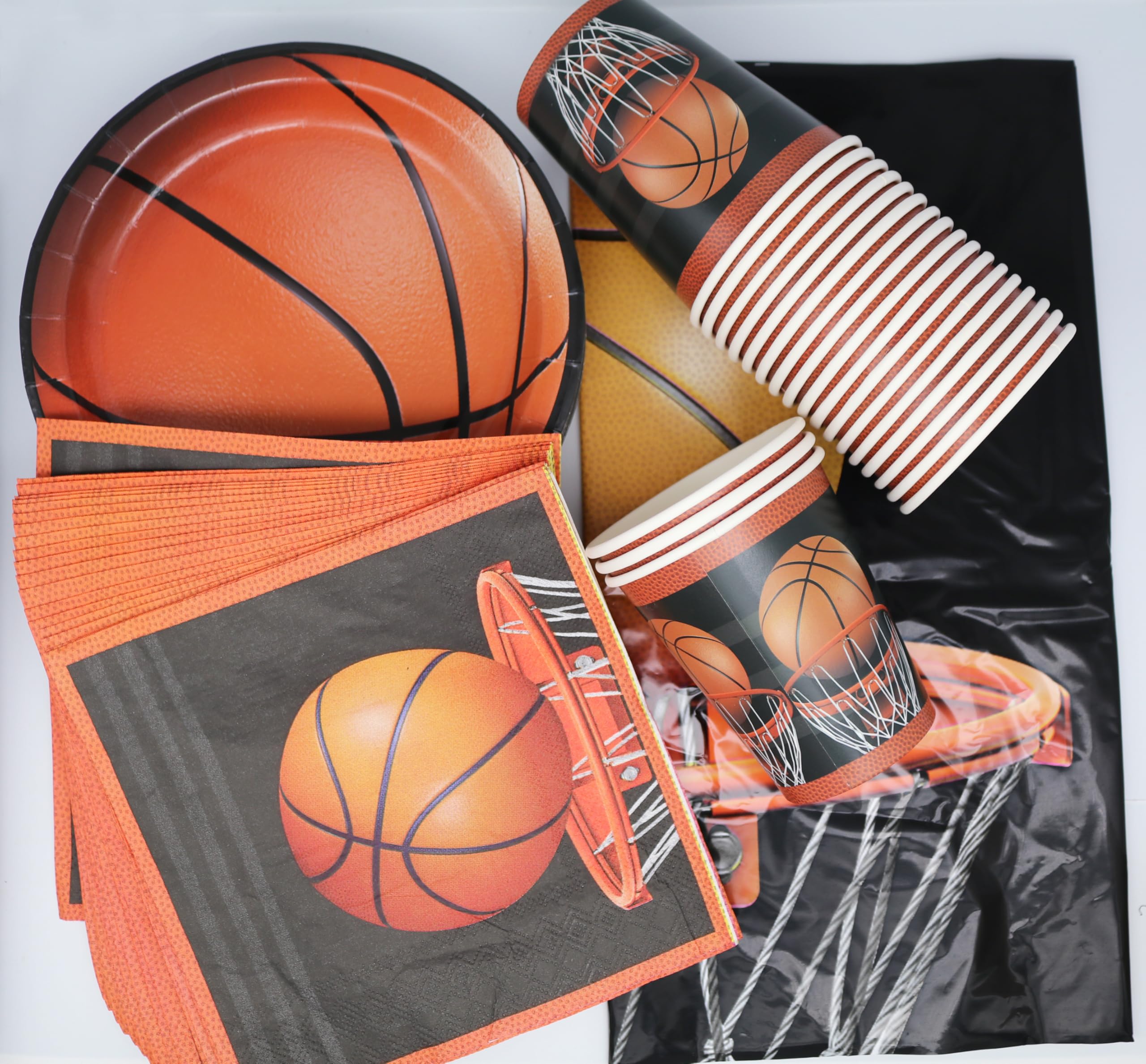 Kit Vajilla Baloncesto Para 24 Invitados - Mantel, Platos, Vasos Y Servilletas | Decoración Rápida Para Fiesta Y Cumpleaños Infantil