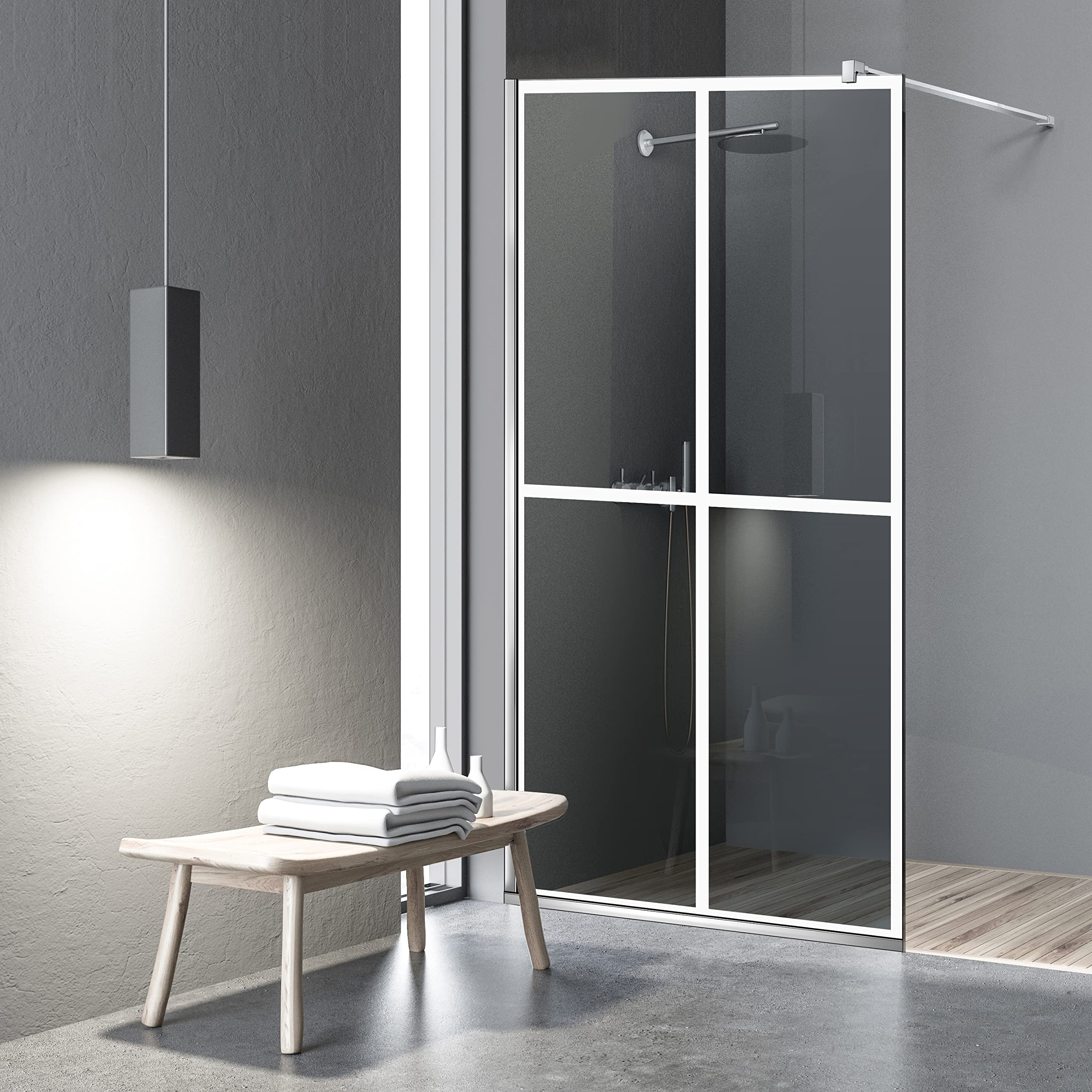 Aqua Roy Modell Weiß Basic 100 cm Leicht zu reinigen Walk in Duschwand Sicherheitsglas Panel 8 mm Duschabtrennung für Wetroom Nano beschichtet sandgestrahltes Muster Edelstahl (1. graues Glas)