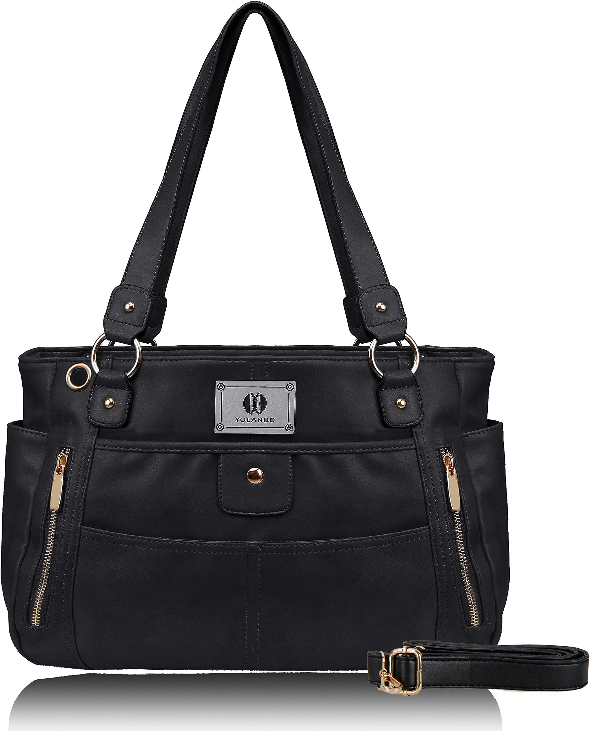 Womens' Vegan Leather Zipper Tote Bag Top-handle Handbags Large Capacity Ladies' Purse YT0024 (Black)