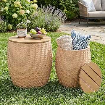 Set of 2 Outdoor Wicker Barrel Side Table