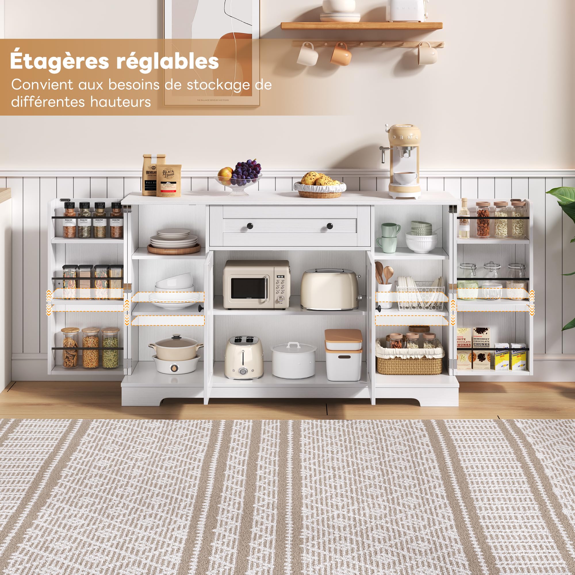 Buffet cucina multifunzione – 138 cm credenza con cassetto, ante e ripiani regolabili – Design moderno con protezione antiribaltamento, ideale per cucina, soggiorno e camera da letto