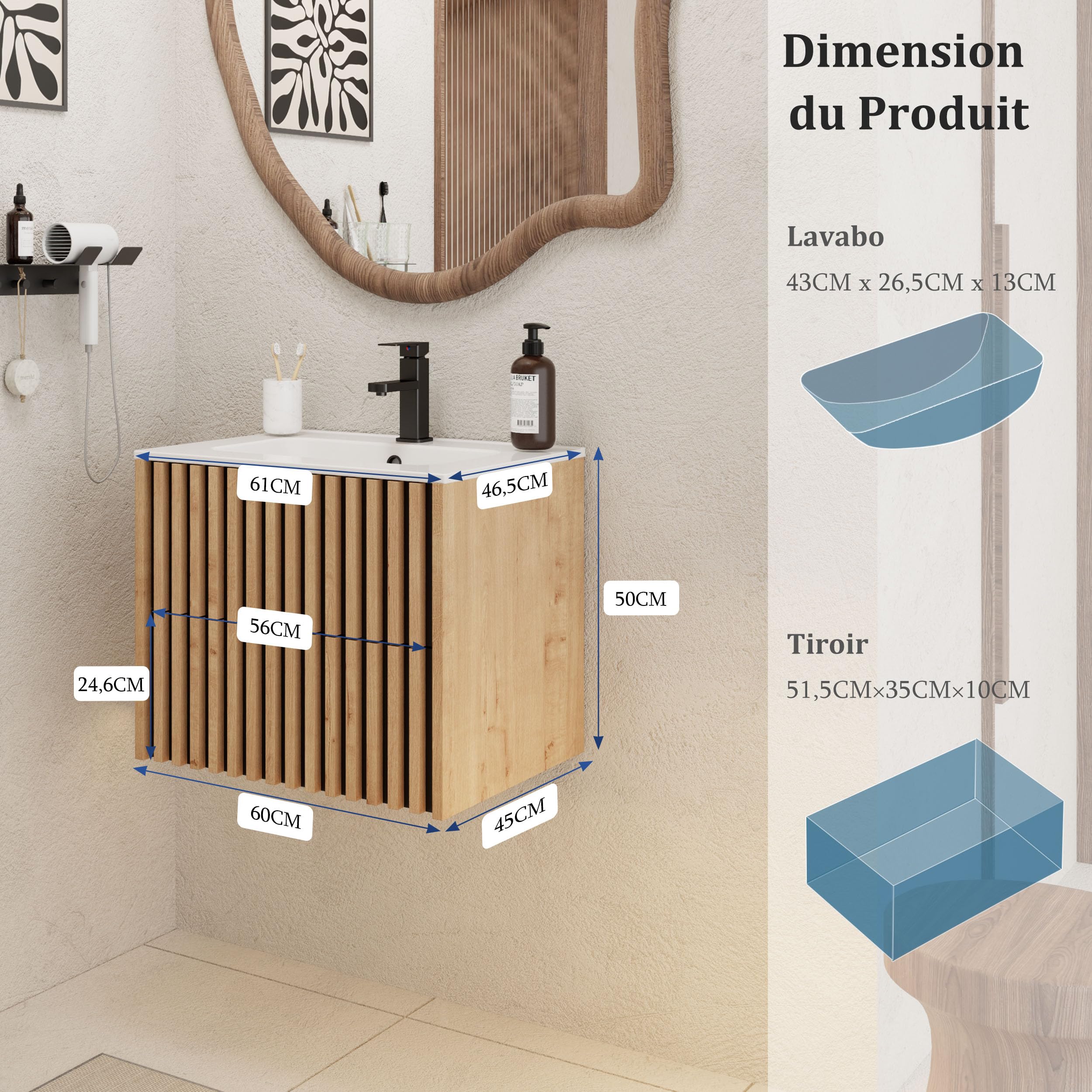 UEV Meuble Salle de Bain 60cm, Meuble Suspendu avec Lavabo en Céramique, Deux Tiroirs avec Grand Espace de Rangement, Poignée Cachée, Motif de Ligne, 60 x 45 x 50cm, Naturel