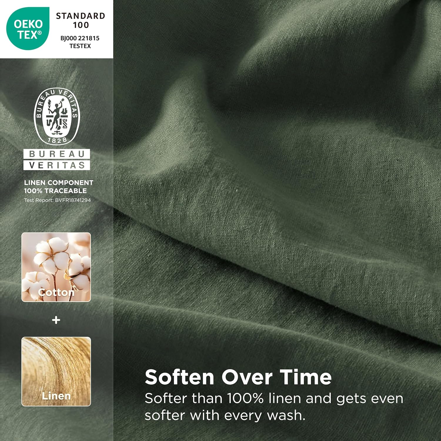 Bedsure Queen Bed Sheets - Cotton Linen Sheet Set, PureWoven Soft, Breathable & Anti - Pilling, Deep Pocket Queen Fitted Bedsheets Up to 16 Inches, 4 Pieces, Olive Green