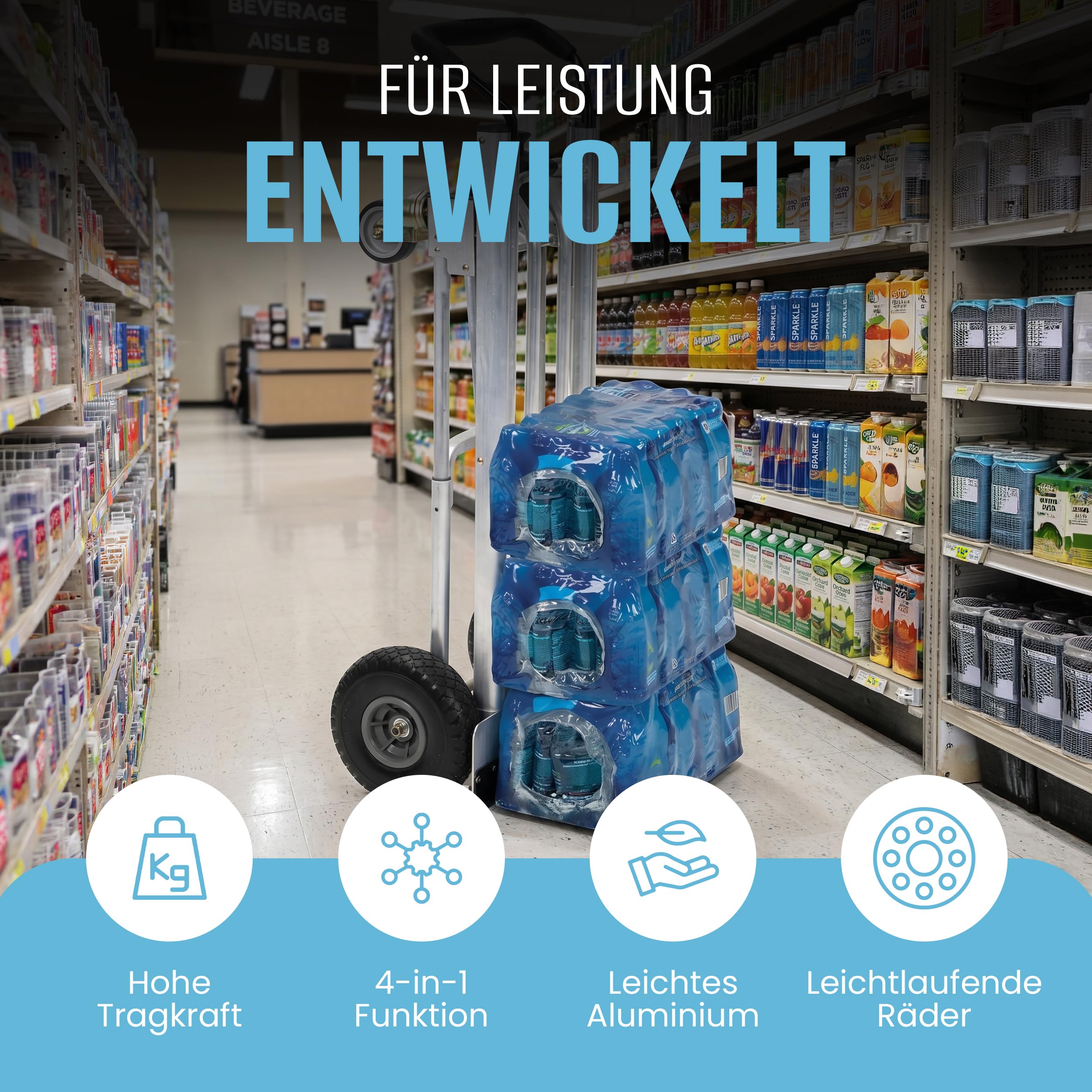 Sackkarre Aluminium - 4in1 Jumbo Cosco bis 450kg Schwerlast Transportwagen, multifunktional einsetzbar, Handkarre mit großen Rädern, ergonomischer Griff