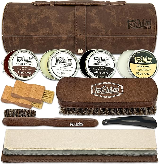 Shoe Polish Kit 13PC Shoe Shine Leather Boot Shoe Care Set Mink Oil Brushes and More for Gentle Care Cleaning