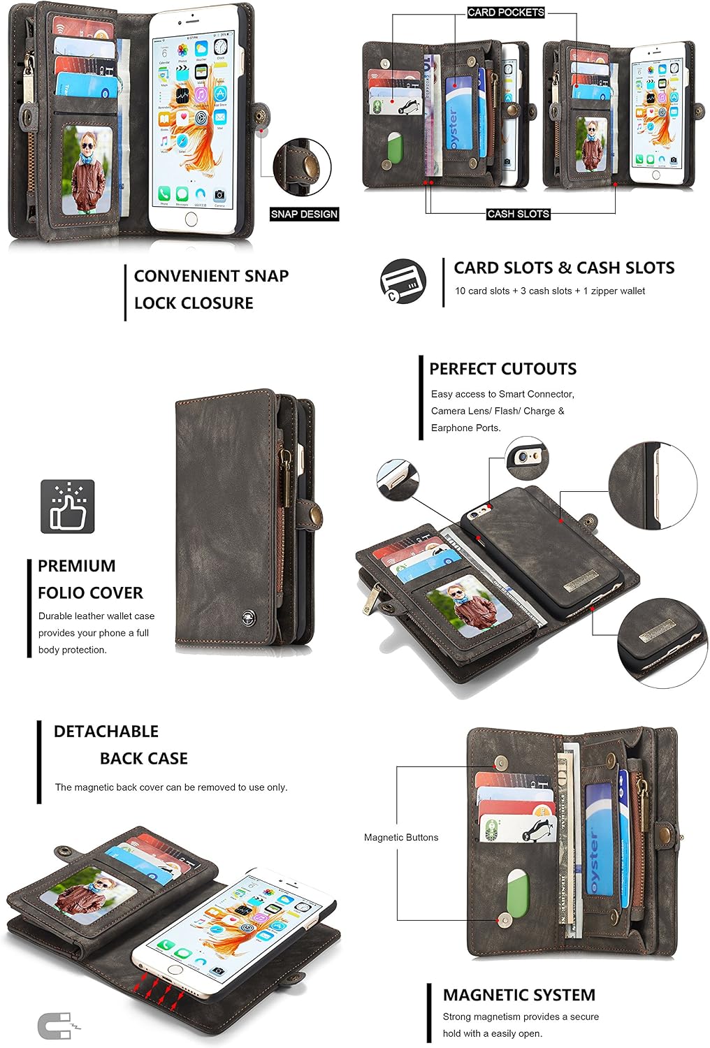 iPhone 6/iPhone 6S Leather Wallet Phone Case Card Holder Detachable Magnetic Slim Case with Zipper Storage Gray