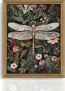 ICHZUMW William Morris Vintage Dragonfly Canvas Wall Art Framed, Green Botanical Wall Decor Pictures for Bedroom Living Room, Colorful Nature Painting Artwork Prints, Rustic Home Decorations, 8x10in
