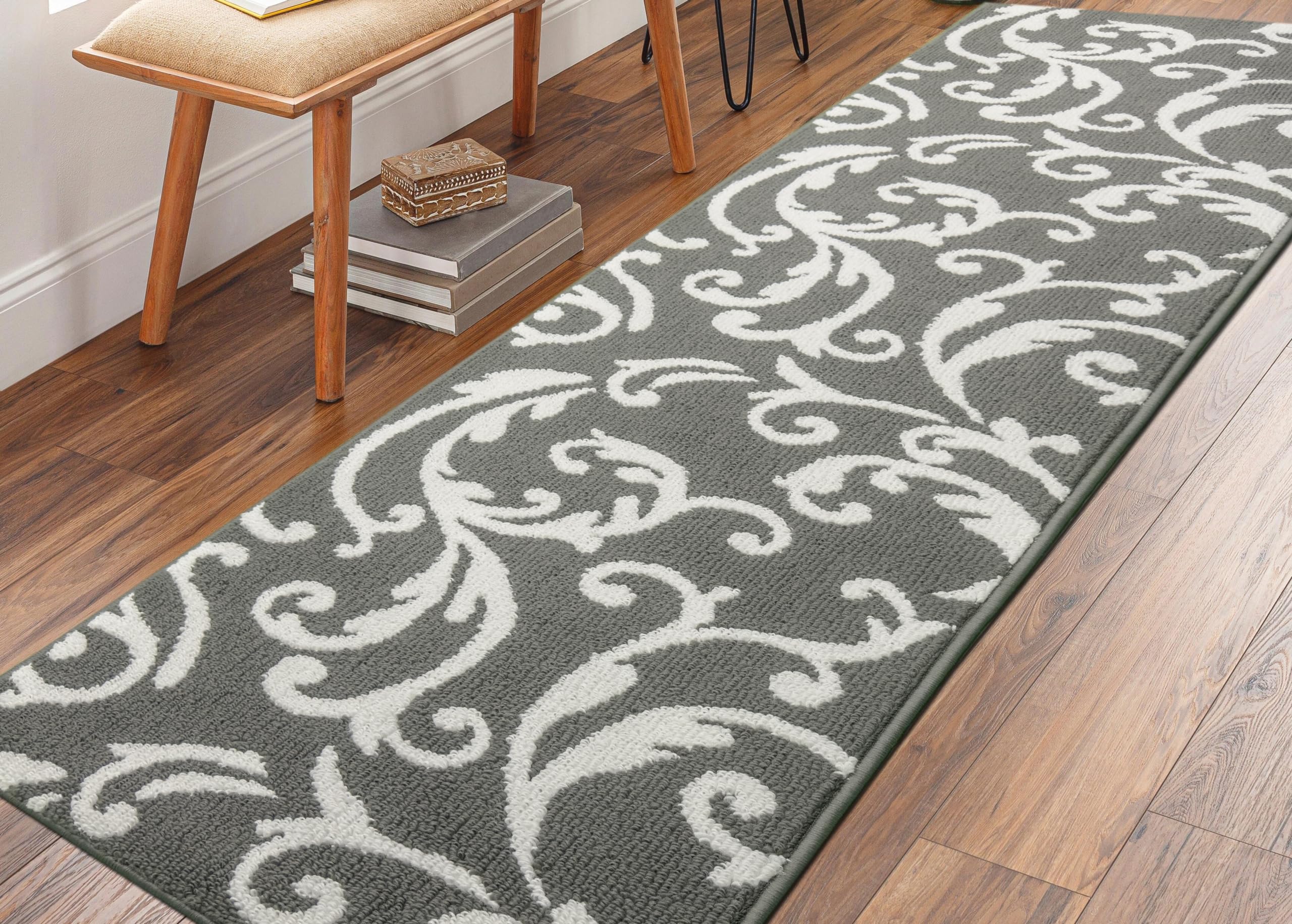 Hallway Runner Rug Non Slip Rubber Backing, 26 inch x 6 ft, Scroll, Grey & White, Heavy Duty Berber Style Carpet Runner for Entryway, Kitchen,