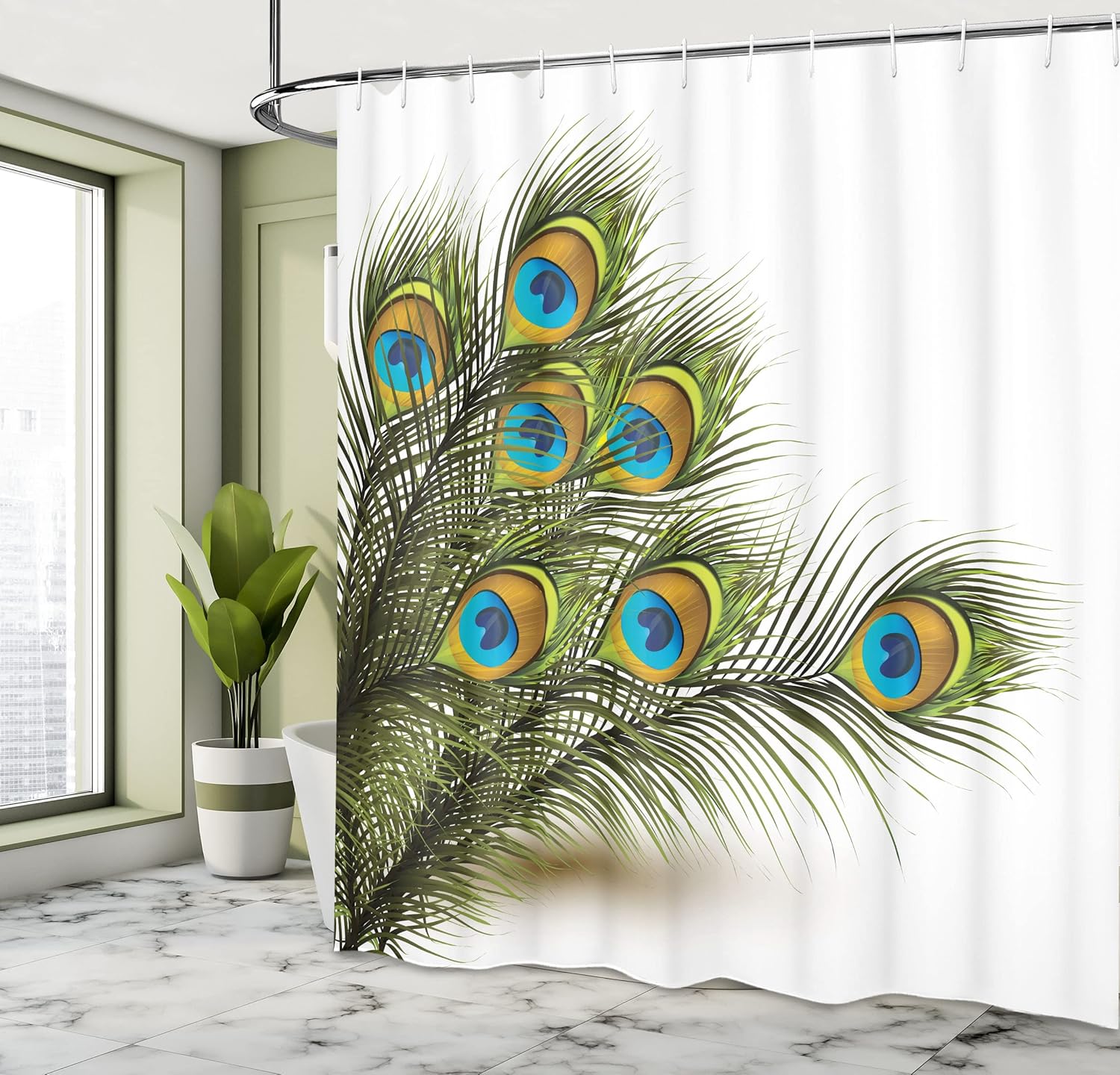 Ambesonne Peacock Shower Curtain, Vivid Peacock Ferns Feathers Mystical Creature of Universe Illustration, Cloth Fabric Bathroom Decor Set with Hooks, 69" W x 84" L, White Green