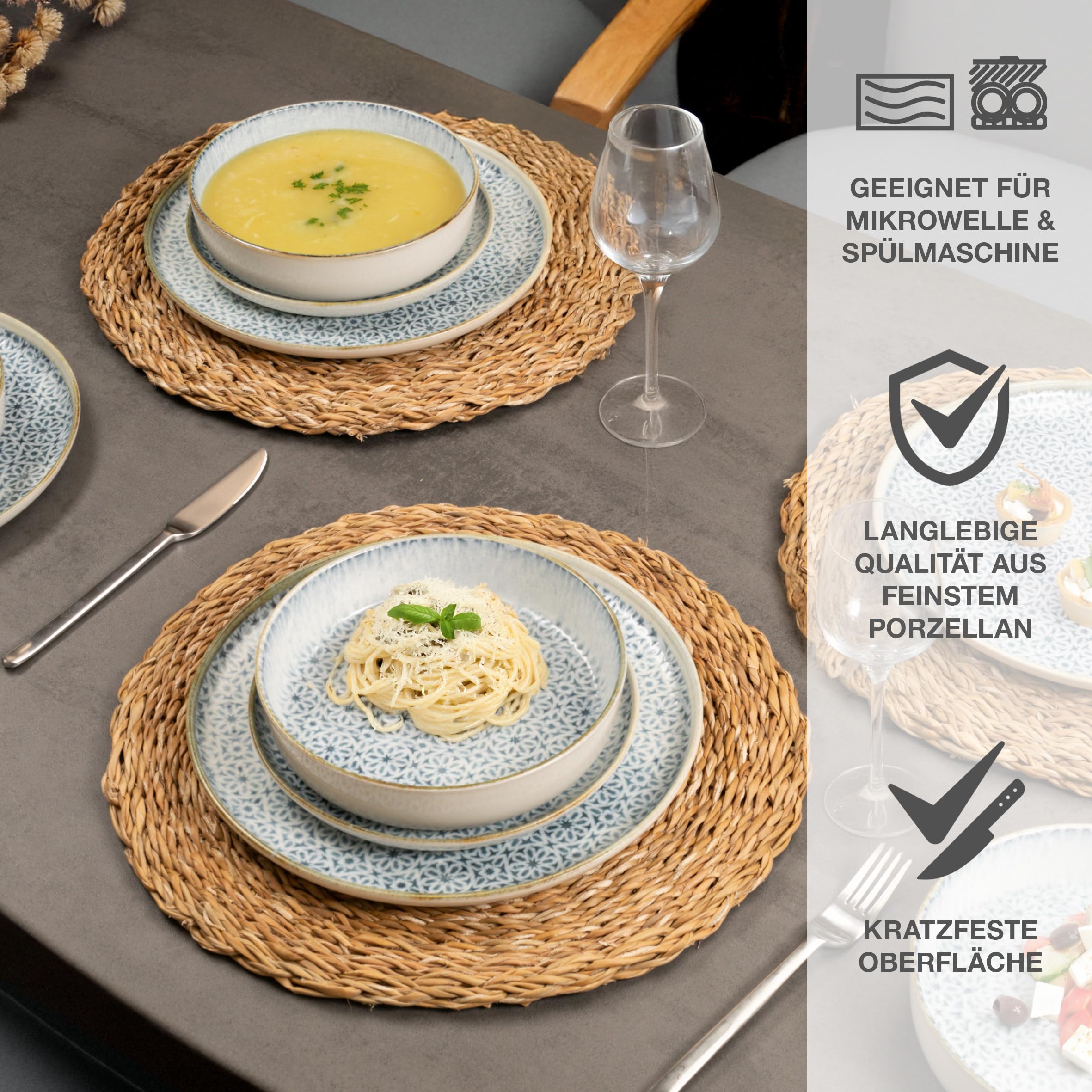 Moritz & Moritz ALHAMBRA Geschirrset 6 Personen 18-tlg. aus hochwertigem Porzellan - Modernes Tafelservice in Blau - Pflegeleichtes Geschirr Set aus je 6x Speiseteller, Dessertteller und Schalen